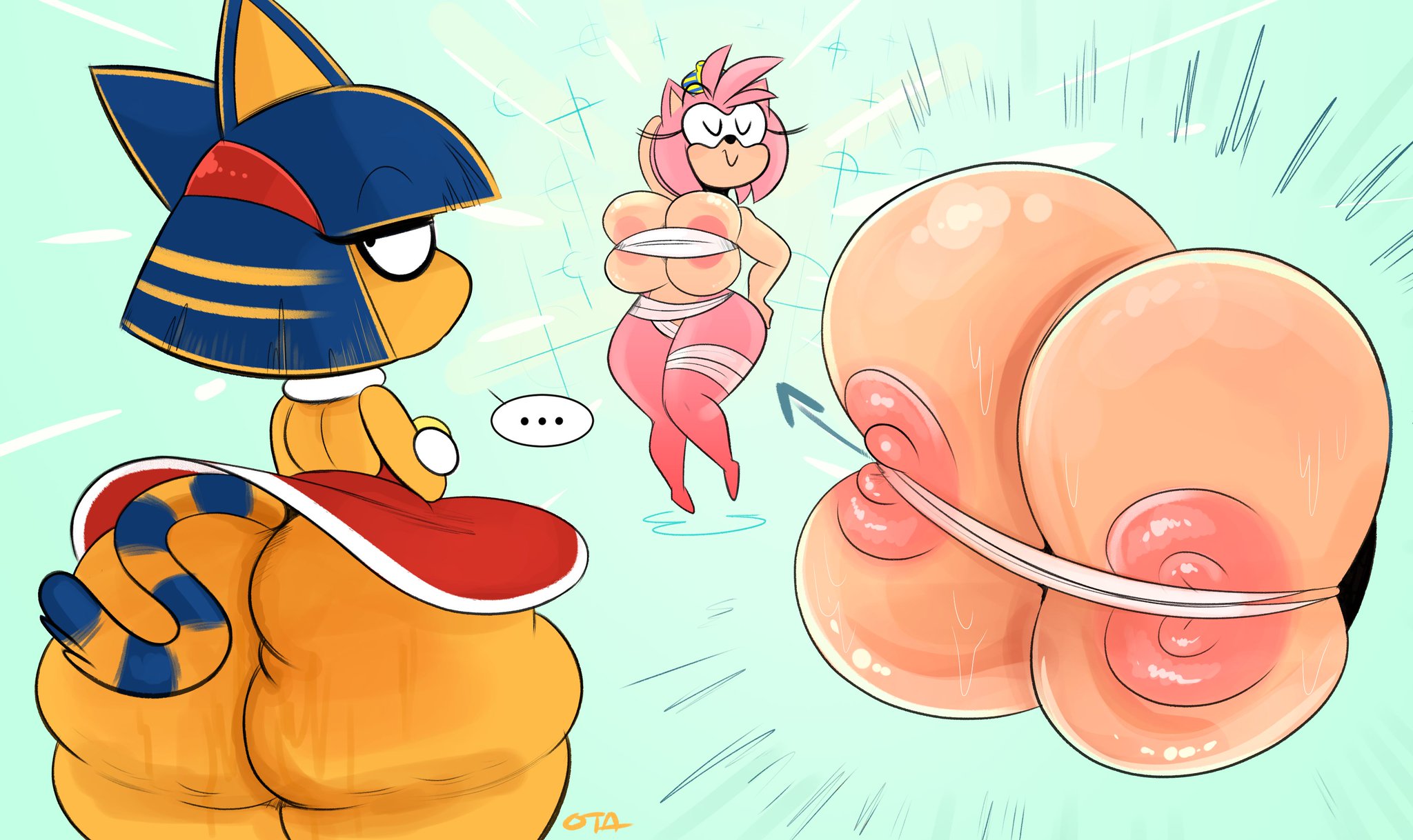 2girls, alternate costume, amy rose, animal crossing, ankha, areola, areola slip, ass, big ass, breasts, cosplay, costume swap, crossover, female, female only, furry, huge ass, huge breasts, large breasts, multiple views, nintendo, nipples, ota (artist), revealing clothes, sega, sonic (series), sonic the hedgehog (series)