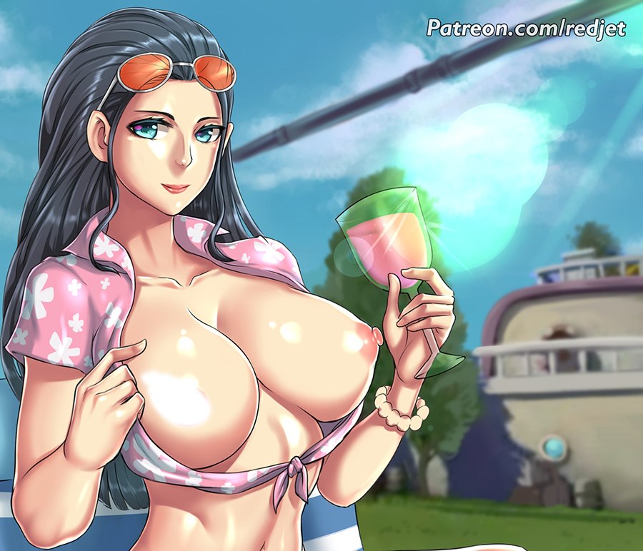 1girls, big breasts, black hair, black-haired female, breasts, female, female only, long hair, nico robin, nipples, one piece, redjet, solo female, sundress, sunglasses