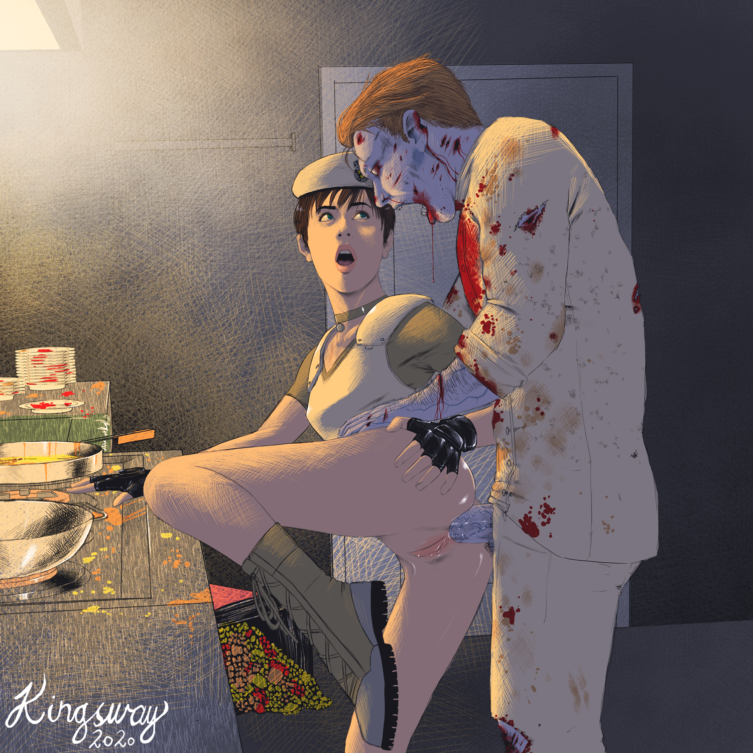 1boy, 1girls, 1monster, 2020, anal, anal sex, artist name, beret, biohazard, blood, blue eyes, boots, bottomless, brown hair, clothed, clothed male, dishes, empty eyes, female, fingerless gloves, gloves, grey skin, human, interspecies, kingsway, kitchen, leg up, light skin, light-skinned female, looking at partner, male, male/female, monster, monster on female, no panties, open mouth, penis, penis out, pussy, rebecca chambers, resident evil, resident evil remake, sex, standing, standing sex, topwear, undead, zombie