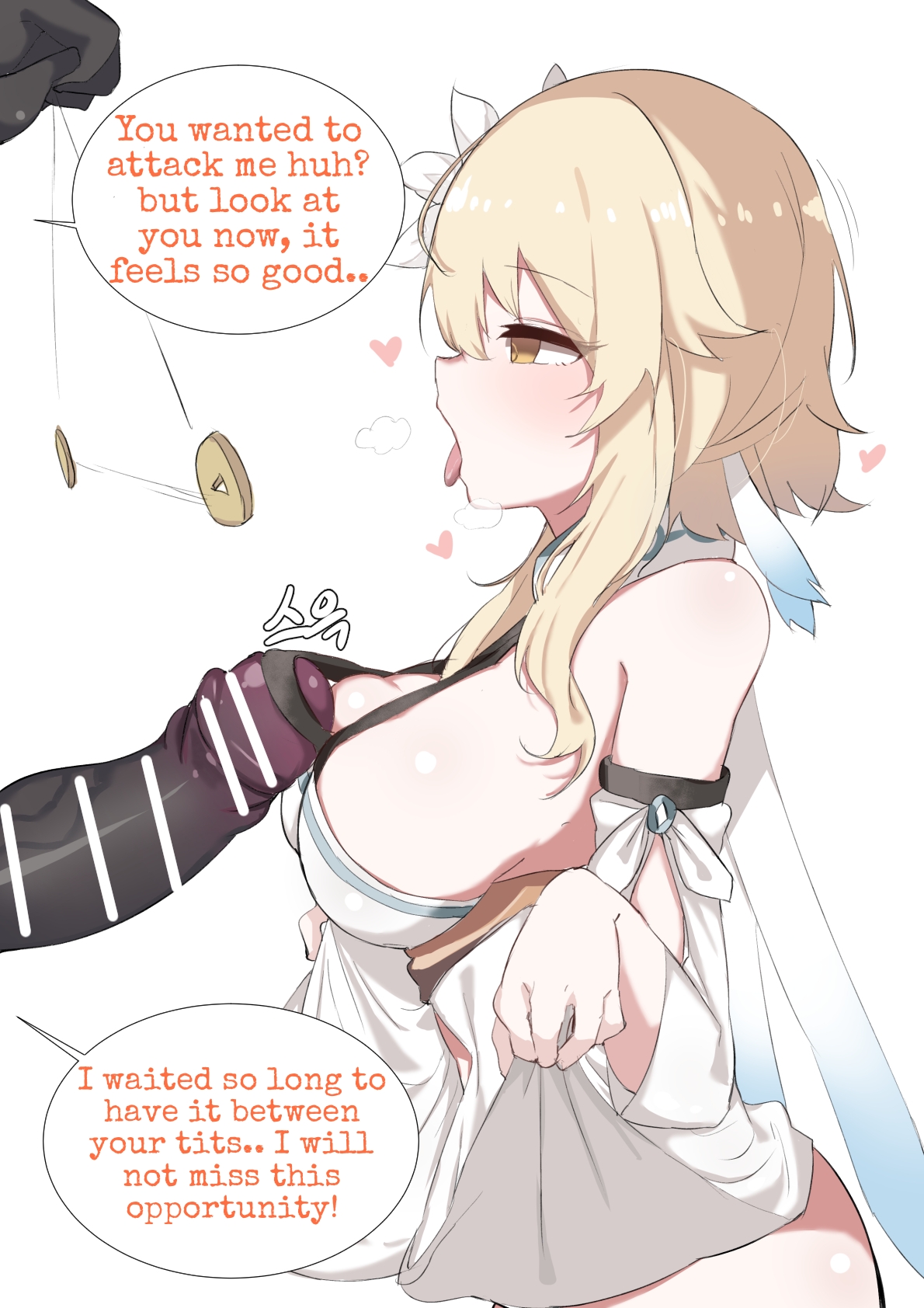 amulet, blonde female, blonde hair, blue eyes, boobjob, boobs, breasts, censored, exhibitionism, female, genshin impact, hilichurls (species), humiliated, jerking, lumine (genshin impact), male, mind control, paizuri, penis, seductive, seductive look, seductive mouth, sex, sole female, talking, titjob, tongue