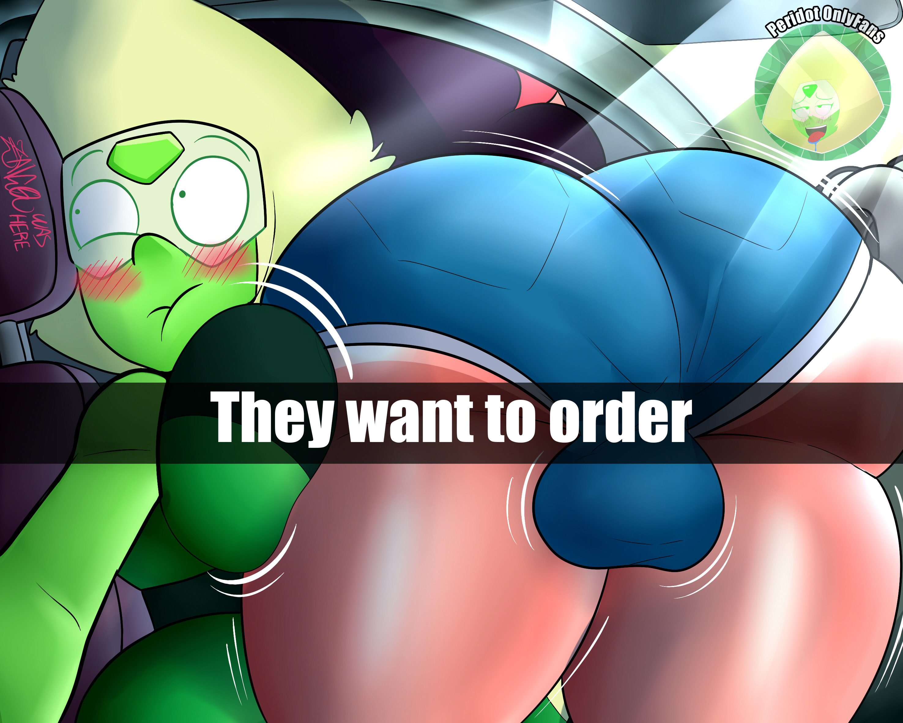 1futa, 1girls, ass, ass on breast, ass on face, backsack, balls, balls bulge, balls under clothes, ballsack, big breasts, blush, booty shorts, breasts, bulge, cartoon network, clothed, clothing, dickgirl, english text, faceless, faceless character, faceless futa, female, female focus, flaccid, fully clothed, futa with female, futanari, gem (species), he wants to order, huge ass, human, humanoid, intersex, large breasts, meme, penis, penis under clothes, peridot (steven universe), pressing breasts, shorts, steven universe, stevonnie, taint, text, thick thighs, wide hips, zaicomaster14