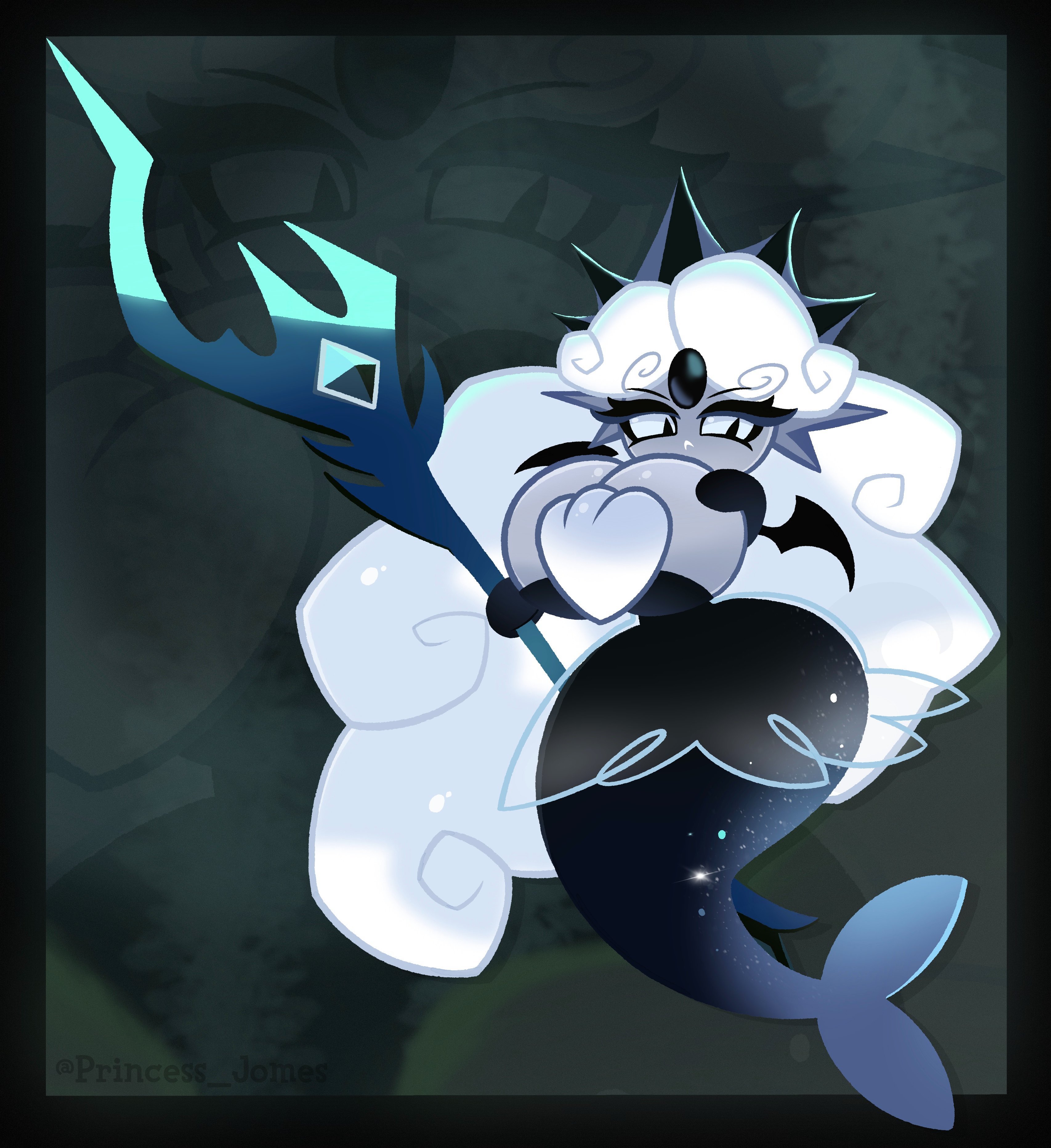 1girls, big breasts, black body, black pearl cookie, breasts, cleavage, cookie run, cookie run kingdom, crown, curly hair, ear fins, eyelashes, female, female only, frown, grey body, hair, hand on breast, headwear, holding object, holding weapon, hourglass figure, long hair, merfolk, mermaid, mermaid tail, princess jomes, small wings, solo, tagme, weapon, white hair, wide hips, wings