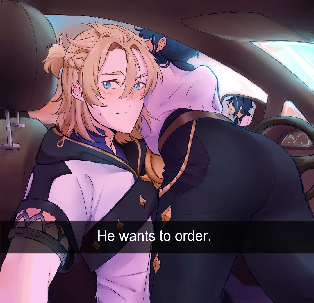 2boys, albedo (genshin impact), ass, ass focus, ass shot, big ass, blushing male, bubble ass, bubble butt, clothing, cool shading, femboy, genshin impact, he wants to order, kaeya (genshin impact), maka reliss, male, male only, meme, selfie, snap chat