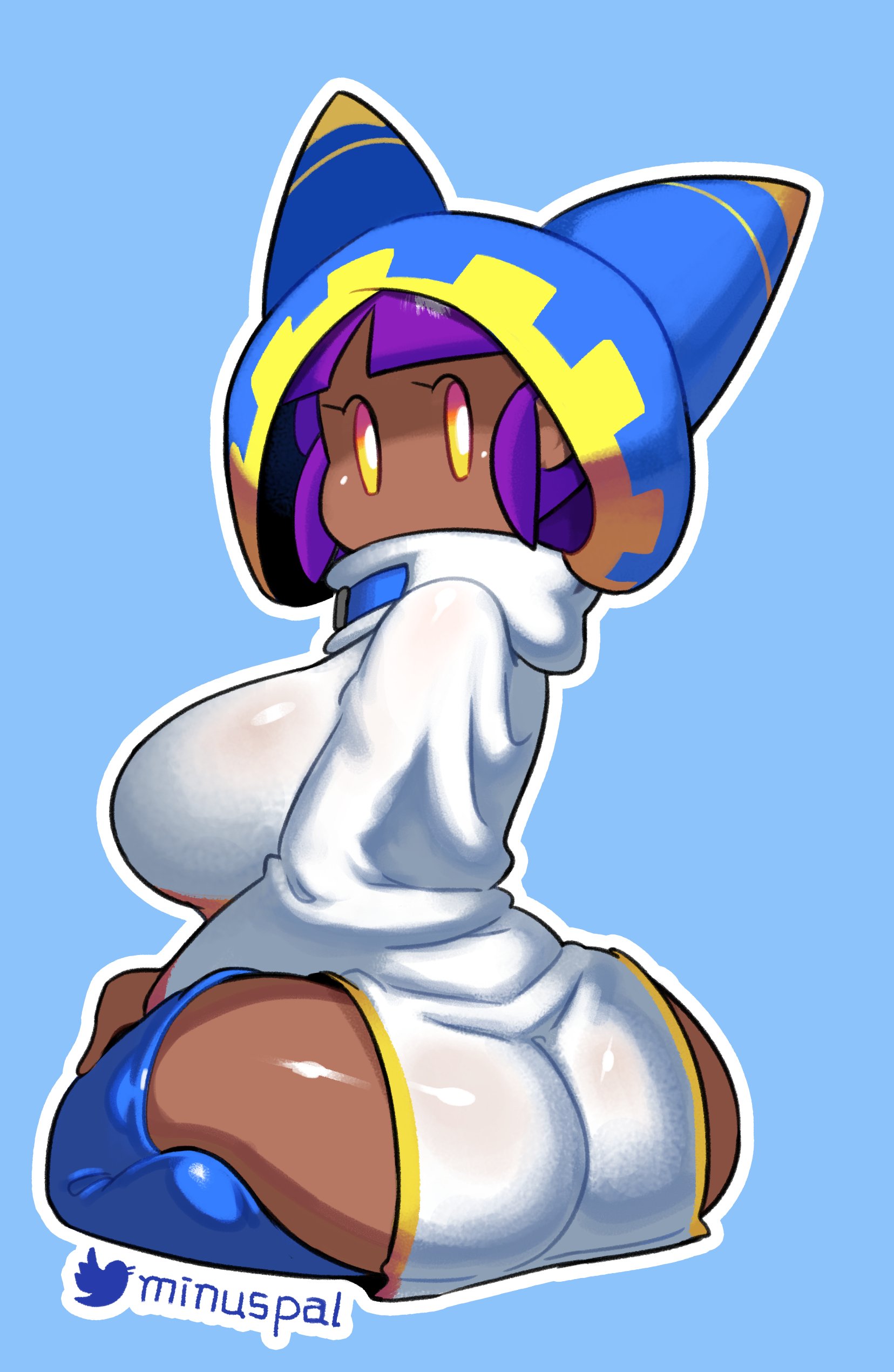 1girls, 2022, absurd res, artist name, ass, back, big ass, blue background, breasts, clothing, dark skin, dark-skinned female, dress, female, female only, full body, hand on thigh, highres, hood, huge breasts, humanized, kirby (series), kirby star allies, kirby's return to dreamland, kneeling, looking at viewer, looking back, magolor, minus8, nintendo, purple hair, rule 63, seiza, signature, simple background, sitting, solo, tagme, thick thighs, thighhighs, thighs, twitter username, watermark, white dress, yellow eyes