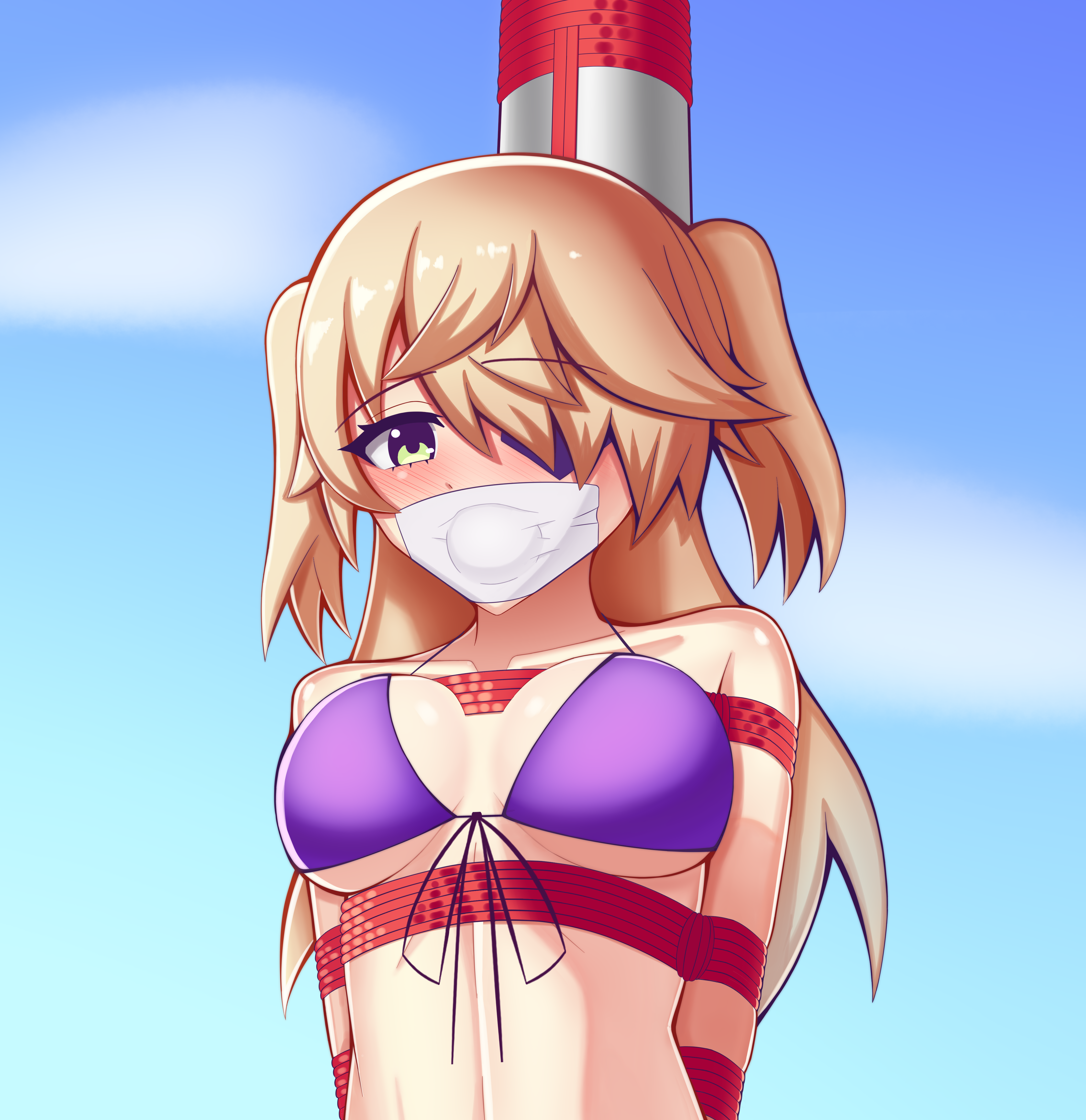 1girls, arms tied behind back, bikini top, blonde hair, blush, bondage, bonkulus, eyepatch, female, fischl (genshin impact), gag, gagged, genshin impact, green eyes, looking at viewer, tape gag, tied to pole