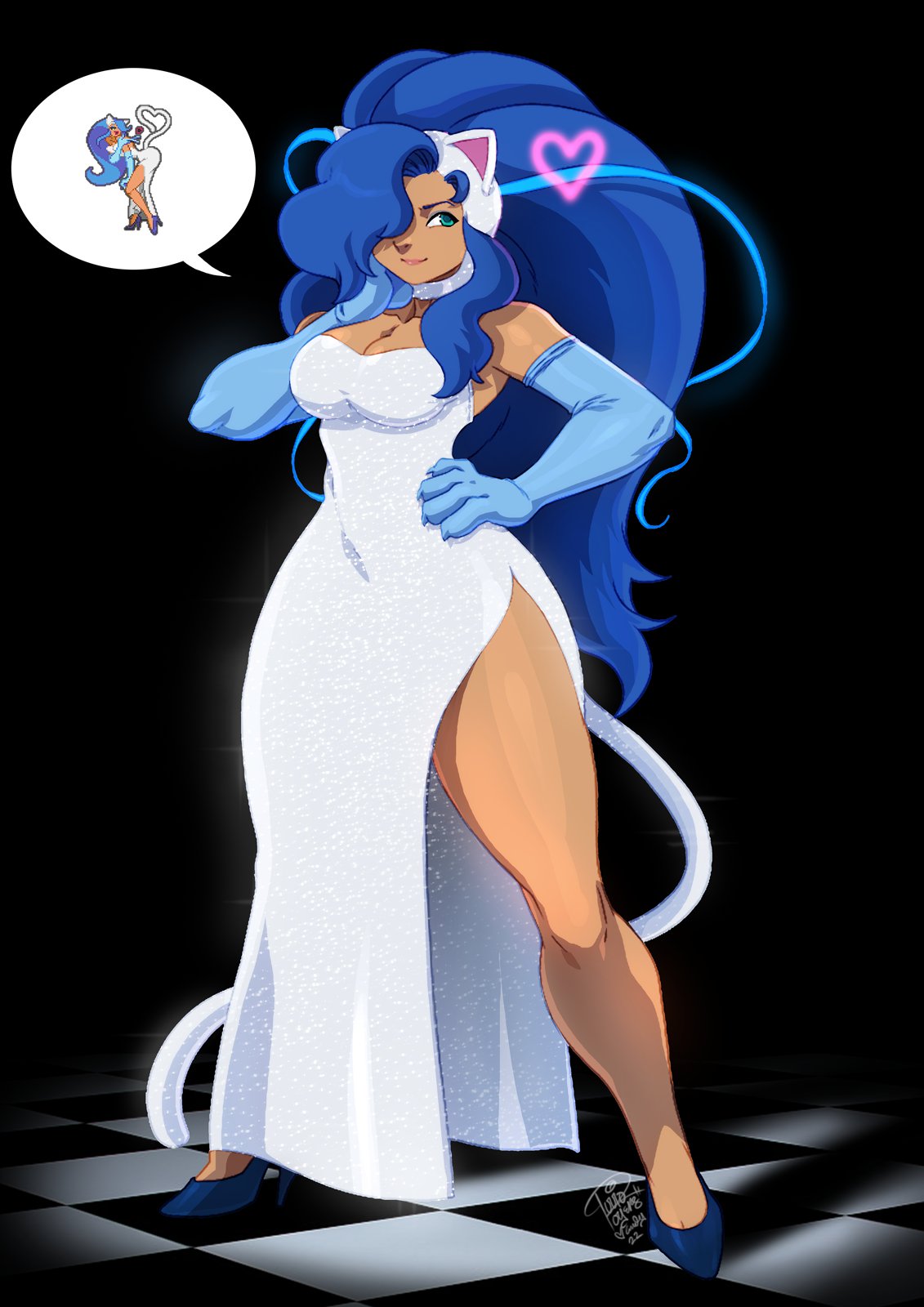 big_breasts blue_hair breasts capcom catgirl clothing darkstalkers dress evening_gown felicia_(darkstalkers) female gown medium_breasts midnight_bliss solo_female tagme tail thick_thighs tovio_rogers white_dress white_fur