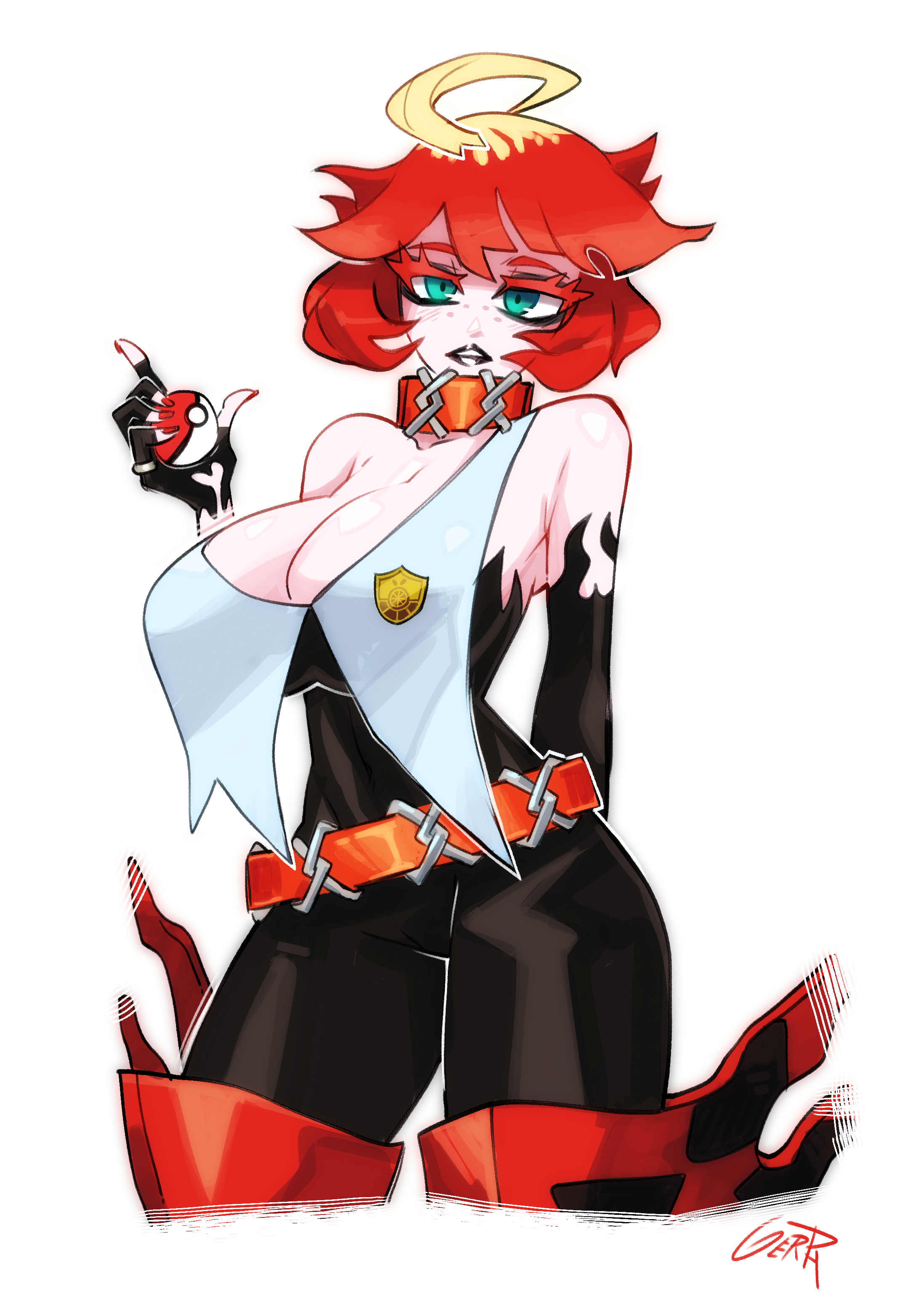 1girls, big breasts, black lipstick, blue eyes, boots, breasts, female, female only, fully clothed, game freak, gerph, high heels, lipstick, mela (pokemon), nintendo, poke ball, pokeball, pokemon, pokemon (game), pokemon sv, red hair, short hair, solo, solo female, standing, team star, thick thighs, two-tone hair, wide hips