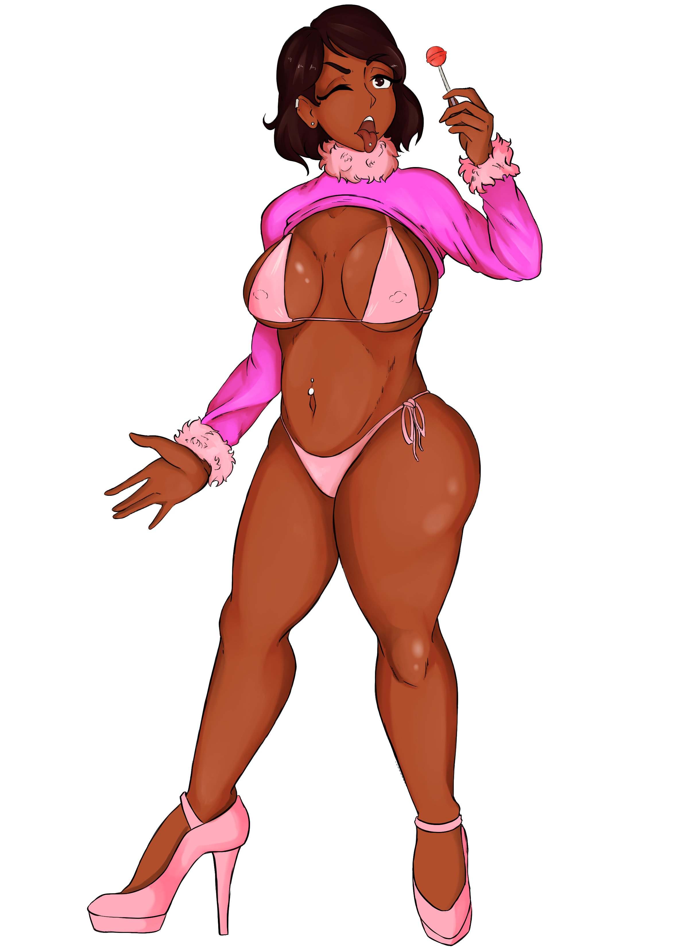 1girls, big breasts, bra, breasts, brown hair, cleavage, connie maheswaran, earrings, erect nipples, female, female only, full body, heels, high heels, jwels, legs, lollipop, nipples, pink bra, pink thong, short hair, solo, solo female, steven universe, thong, tongue, tongue out, tongue piercing, topwear