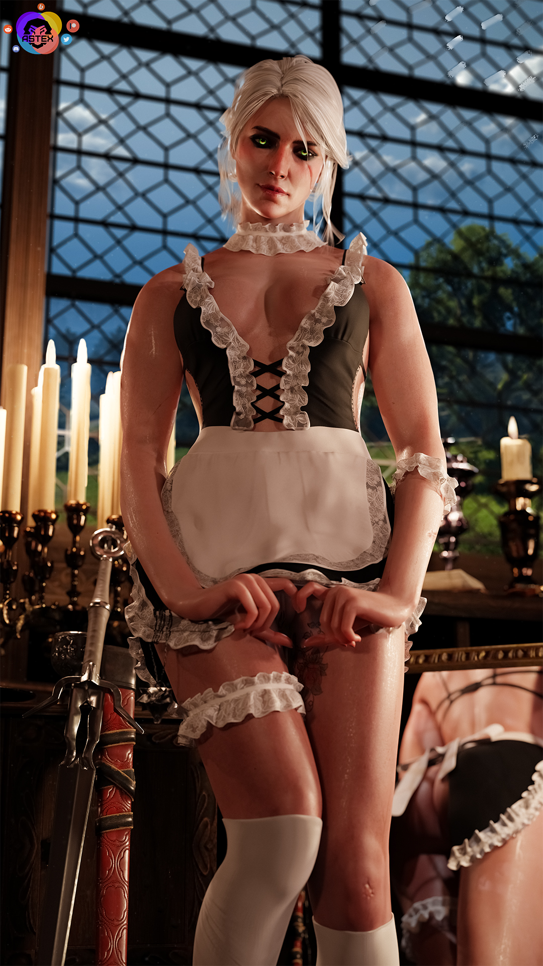 1girls, 3d, 3d (artwork), ass, astex, cd projekt red, ciri, cleavage, eye shadow, female, female focus, female only, front view, hi res, highres, kneehighs, maid, maid outfit, maid uniform, mirror, reflection, scar, scar across eye, solo, solo female, solo focus, stockings, tattoo, tattoo on legs, tattoo on thigh, the witcher, the witcher (series), the witcher 3: wild hunt, thigh tattoo, thighs, tied hair, white hair
