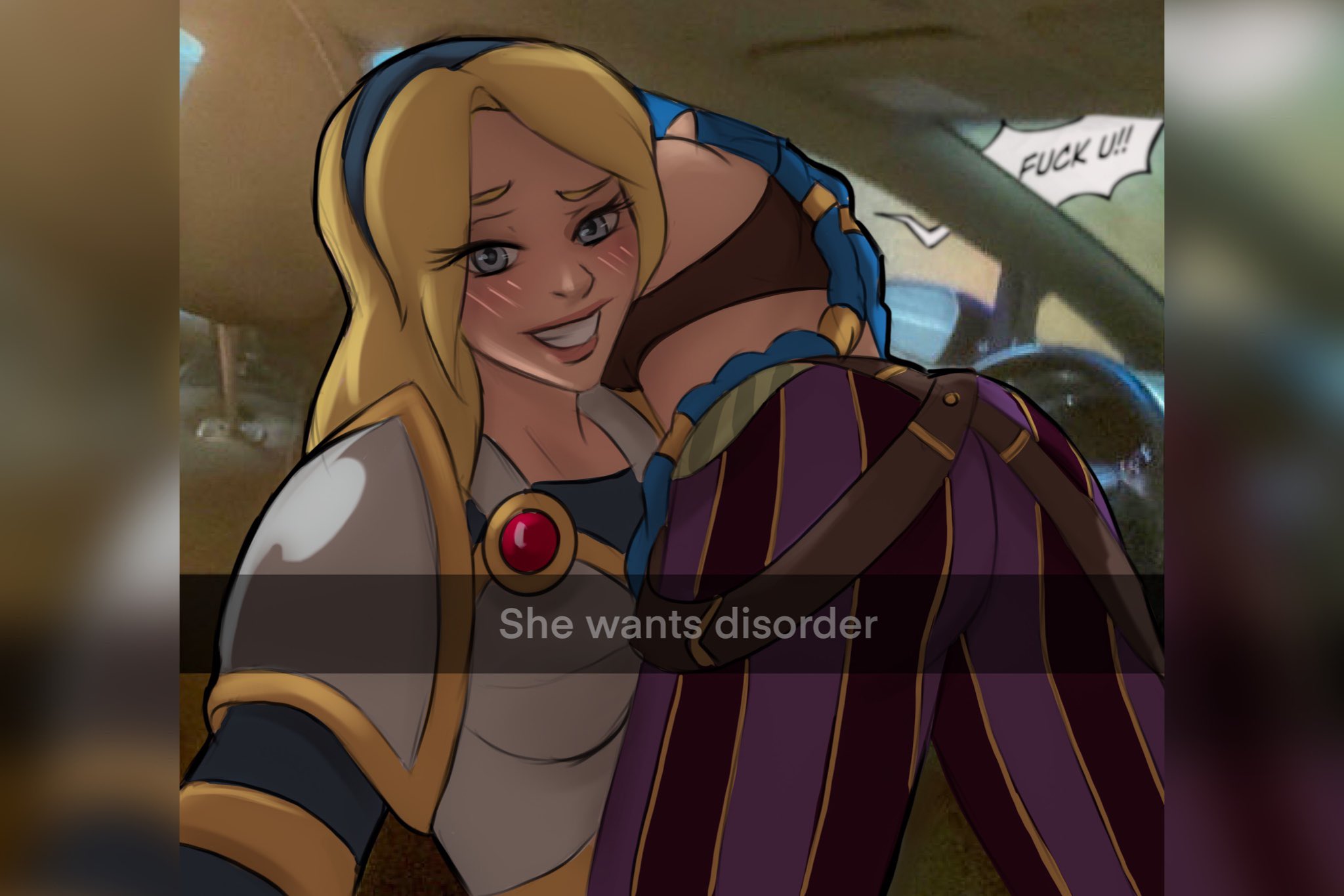 2girls, ass, ass focus, big ass, blush, bubble ass, bubble butt, clothing, dialogue, female, female only, funny, he wants to order, jinx (league of legends), league of legends, lesbian focus, luxanna crownguard, meme, selfie, smile, snapchat, yuri