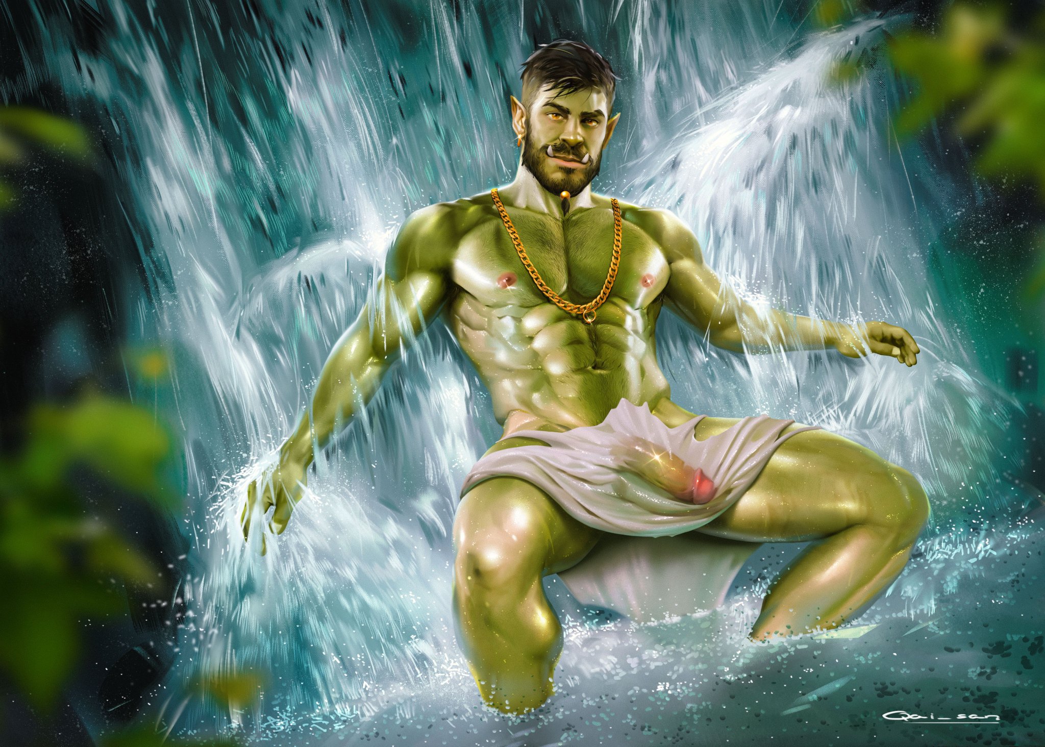 ankhor, boner, erect penis, erection, fangs, green skin, hard on, loincloth, male, male only, muscles, muscular, muscular male, necklace, orc, orc male, penis, qai san, see-through clothing, spread legs, waterfall