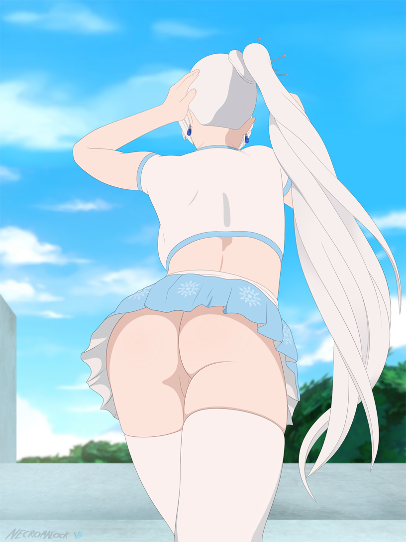 1girls 2d artist_name ass ass_focus back cheerleader_uniform earrings female female_only light-skinned_female light_skin long_hair necromalock no_panties outside pale-skinned_female pale_skin ponytail pussy revealing_clothes rwby short_skirt skirt solo stockings tagme thighhighs upskirt watermark weiss_schnee white_hair