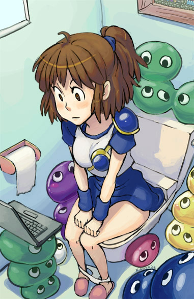 1girls arle_nadja blush creature curvaceous curvy dark_brown_hair female full_body high-angle_view high_ponytail hourglass_figure kinuko_(kinucakes) knees_together_feet_apart laptop legs looking_at_laptop multiple_others no_socks non-nude panties_around_ankles panties_down pigeon-toed puyo_(puyopuyo) puyo_puyo sitting sitting_on_toilet slippers small_breasts tagme toilet toilet_paper toilet_seat toilet_use white_panties