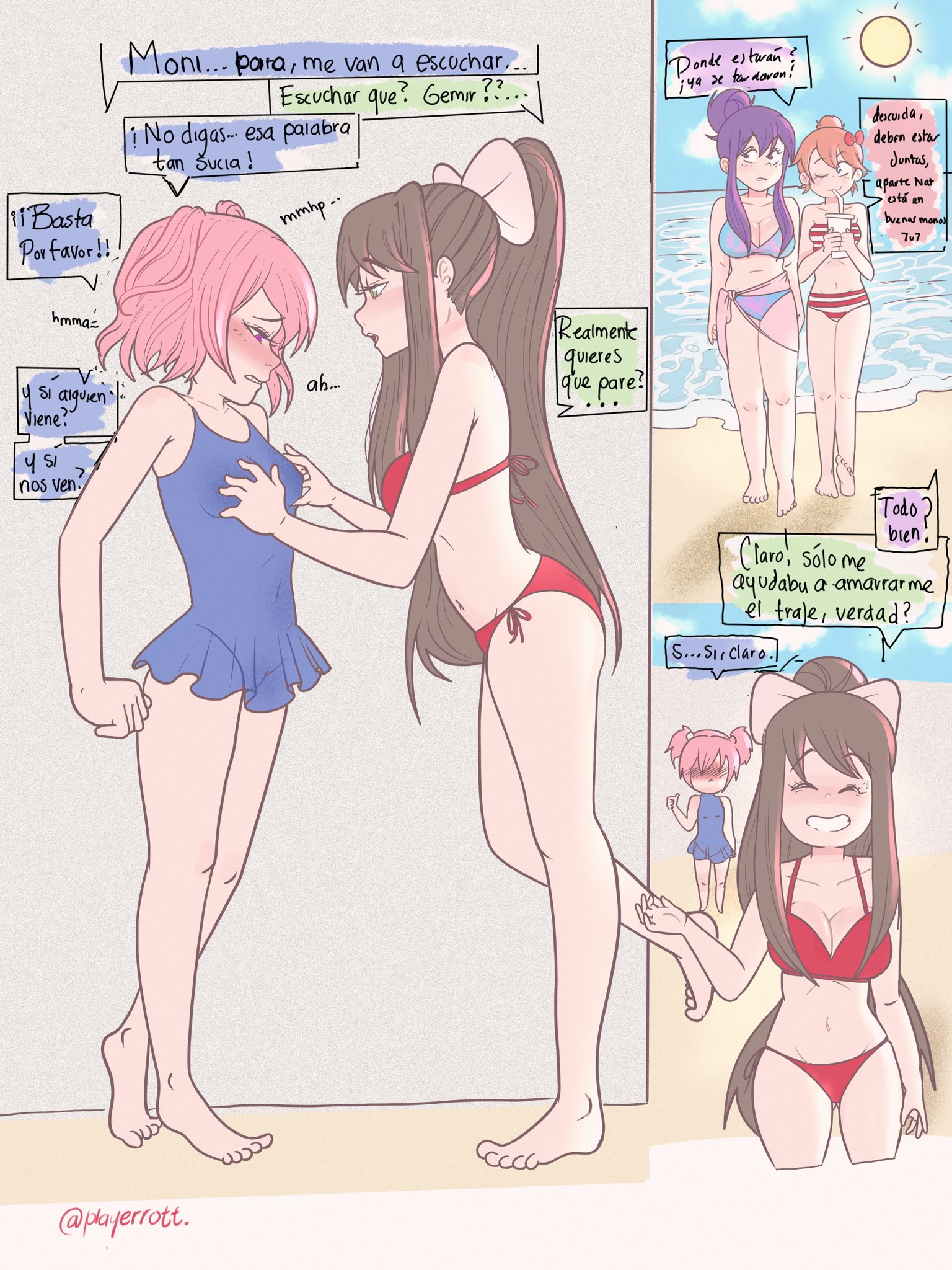 5 fingers, 5 toes, bikini, bikini bottom, bikini top, blush lines, blushing, breasts, brown hair, cleavage, doki doki literature club, felt up, female, female only, grabbing breasts, green eyes, monika (doki doki literature club), multiple females, multiple girls, natsuki (doki doki literature club), one eye closed, one eye open, pigtails, pink eyes, pink hair, playerrott, purple eyes, purple hair, sand, sayori (doki doki literature club), sun, text, text box, touching, touching breast, water, yuri, yuri (doki doki literature club)