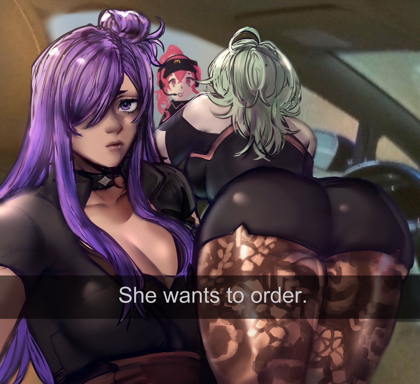 3girls, angeldevilxiii, anna (fire emblem: three houses), anna (fire emblem), ass, bent over, big ass, breasts, byleth (fire emblem), byleth (fire emblem) (female), car, cleavage, english text, enlightened byleth (female), female, female only, fire emblem, fire emblem warriors: three hopes, fire emblem: three houses, green hair, hair over one eye, he wants to order, large breasts, leggings, legwear, long hair, meme, multiple females, multiple girls, nintendo, ponytail, purple eyes, purple hair, red eyes, red hair, selfie, she wants to order, shez (fire emblem), shez (fire emblem) (female), shorts, text, yuri