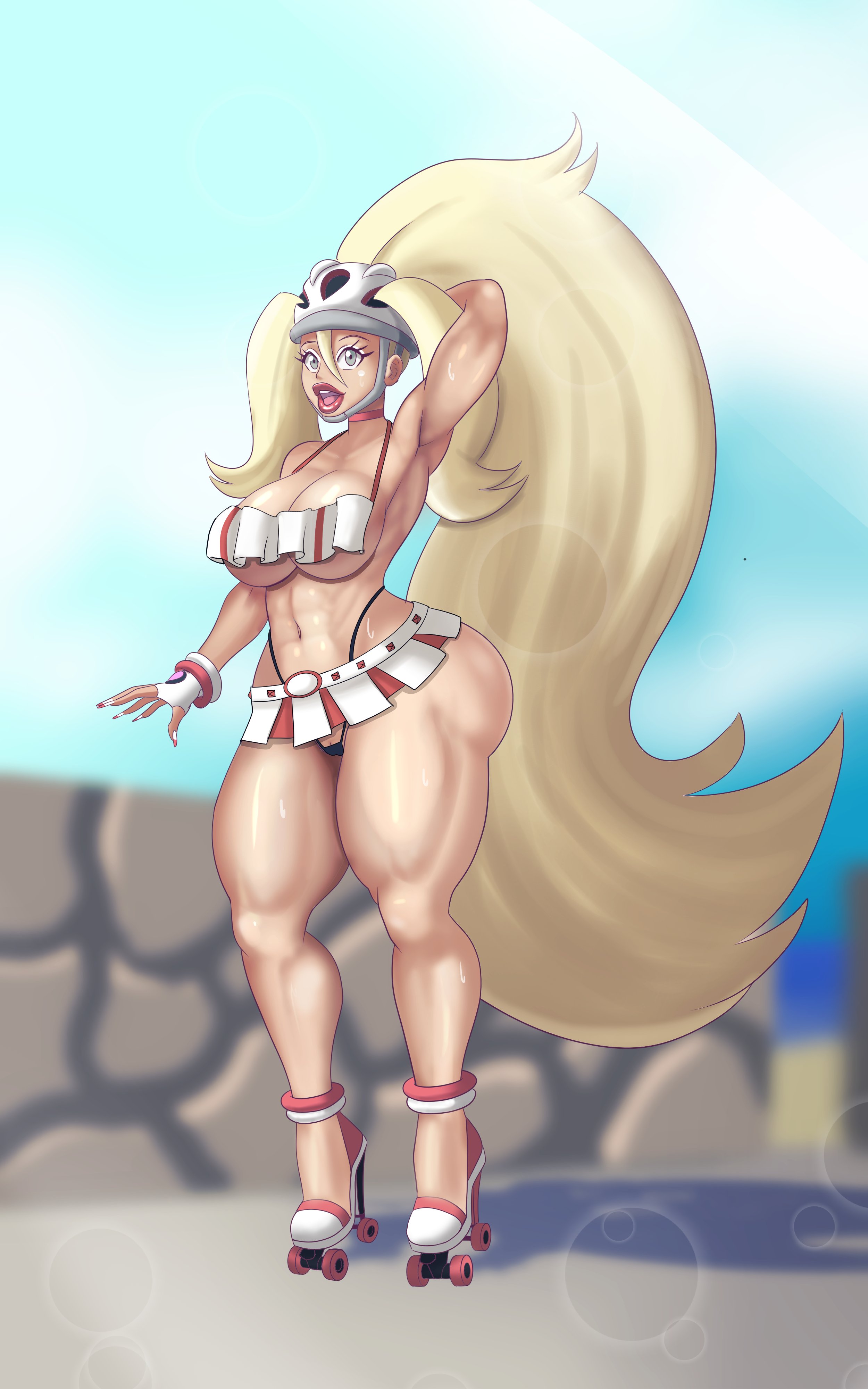 1girls, alternate version available, annon, armpits, armwear, ass, ass hanging out, ass hanging out of skirt, big ass, big breasts, big lips, bimbo, bimbo lips, bimbofied, black thong, blonde hair, breasts, clitoris, clitoris slip, eyeshadow, female, female only, full body, game freak, grey eyes, hair, hand behind head, headwear, high heels, korrina (pokemon), legs, lips, pokemon, pokemon xy, ponytail, pussy, pussy peek, red lips, red lipstick, roller skates, skirt, solo, solo female, sweat, sweatdrop, thick lips, thick thighs, thighs, thong, topwear, twintails, white eyeshadow, white skirt