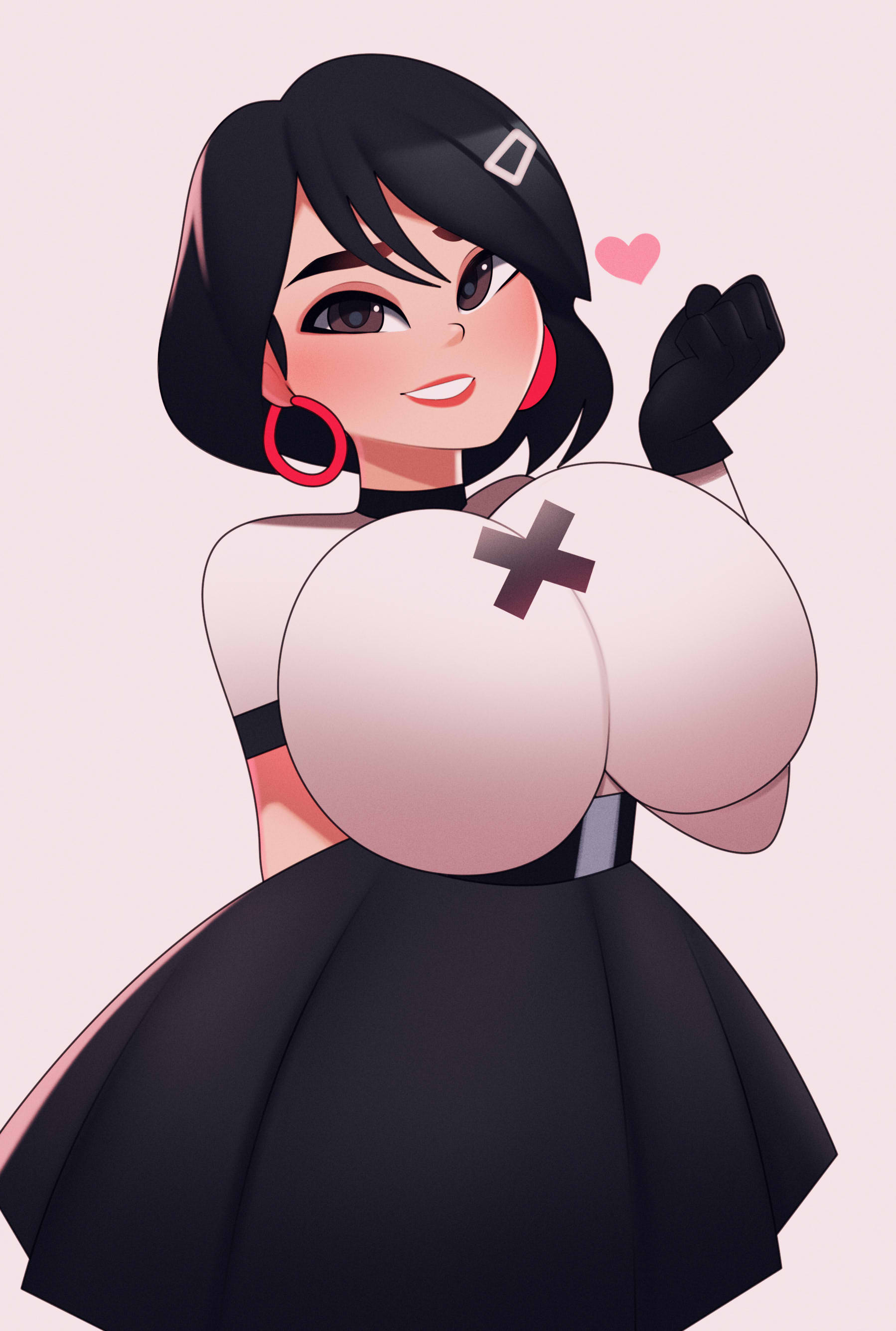 1girls, big breasts, black hair, bob cut, breasts, busty, cleavage, earrings, evie (fortnite), female, fortnite, hoop earrings, hoop earrings oversized, lipstick, pleated skirt, postblue98, shirt, skirt, smile, tagme, tight clothing, tight shirt, voluptuous