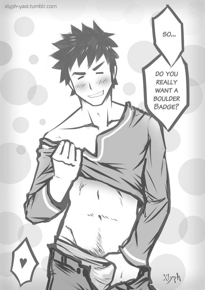 black_and_white brock_(pokemon) bulge_grab dialogue male male_only muscles muscular muscular_male pokemon pokemon_frlg pokemon_rgby sketch teasing teen_boy xlyph