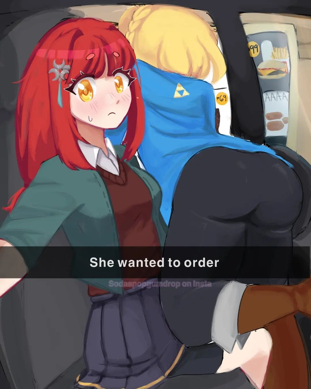 2girls, ass, ass focus, big ass, breath of the wild, bubble ass, bubble butt, clothing, english text, female, female only, he wants to order, humanized, hyrule warriors, hyrule warriors definitive edition, meme, mipha, multiple females, multiple girls, nintendo, princess zelda, selfie, snapchat, tears of the kingdom, text, the legend of zelda, triforce, zelda (tears of the kingdom), zora
