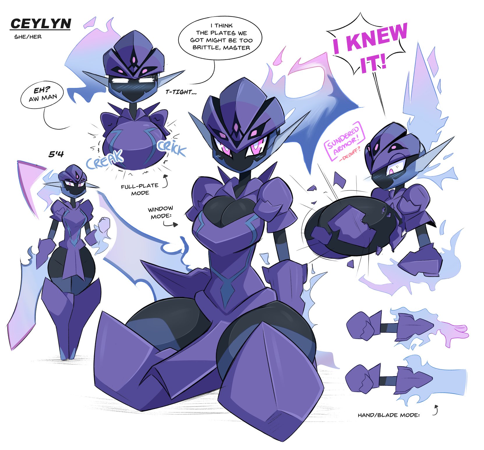 1girls, armor, big breasts, blush, breasts, ceruledge, cleavage, clothing, dialogue, english text, female, female only, fully clothed, gameplay mechanics, kilinah, nintendo, pokémon (species), pokemon, pokemon (species), purple eyes, simple background, solo, standing, tagme, text, thick thighs, wardrobe malfunction, wide hips