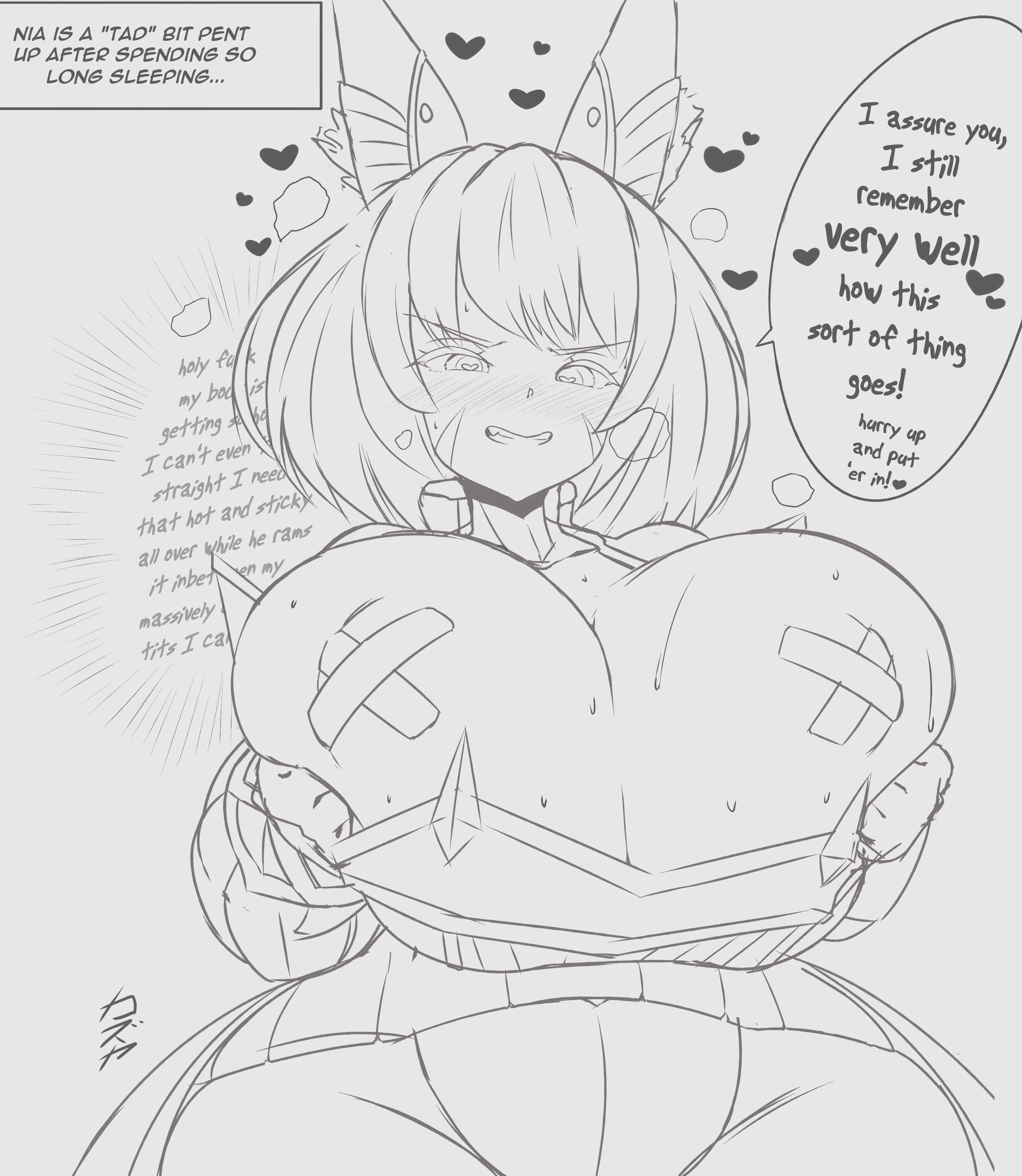 1girls, breast expansion, breast growth, breast growth (enlargement), breasts, dialogue, female, female only, heart, heart-shaped pupils, hearts around head, huge breasts, kazuya zoey, monochrome, nia, nia (blade), nia (xenoblade), nintendo, nipple tape, pleasure face, solo, solo female, xenoblade (series), xenoblade chronicles 2, xenoblade chronicles 3