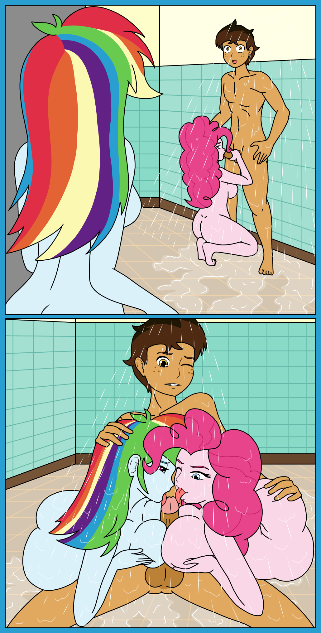 1boy 2girls ass balls blush breasts busted caught caught_in_the_act collaborative_fellatio comic commission copper_plume_(oc) double_fellatio double_paizuri equestria_girls fellatio female ffm_threesome friendship_is_magic group_sex hand_on_ass hand_on_head happy happy_sex hasbro human human_only humanized instant_loss_2koma joining_in just_the_tip licking_penis linedraweer lyndor male multiple_girls my_little_pony nipples nude nude_female nude_male oral oral_sex original_character paizuri paizuri_fellatio penis penis_grab pinkie_pie_(eg) pinkie_pie_(mlp) polyamory rainbow_dash_(eg) rainbow_dash_(mlp) sex shower shower_sex straight_hair teamwork threesome tongue tongue_out water