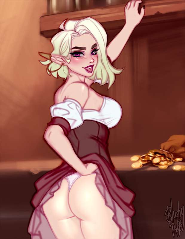 ass, big ass, blushypixy, blushyspicy, elf, elf ears, elf female, female, huge ass, pointy ears, revealing clothes, smirk, stripping, suggestive, suggestive look, teasing