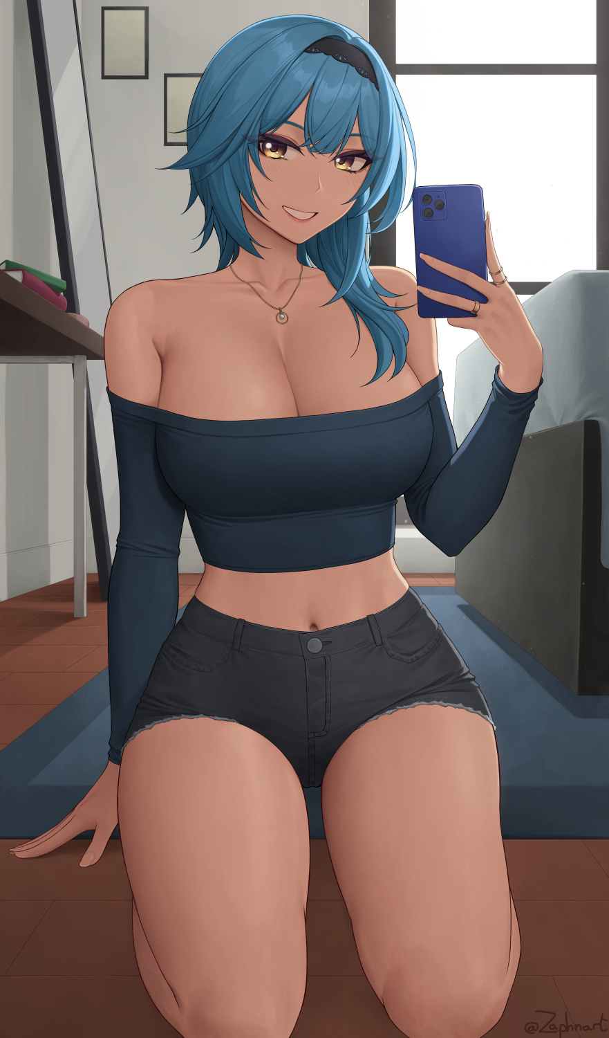 1girls, 2022, asymmetrical hair, blue hair, booty shorts, breasts, casual clothes, cleavage, crop top, detached sleeves, eula (genshin impact), female, female only, genshin impact, gold eyes, hips, huge breasts, kneeling, light skin, light-skinned female, long hair, midriff, selfie, short shorts, shorts, slim waist, thick thighs, thighs, wide hips, zaphn