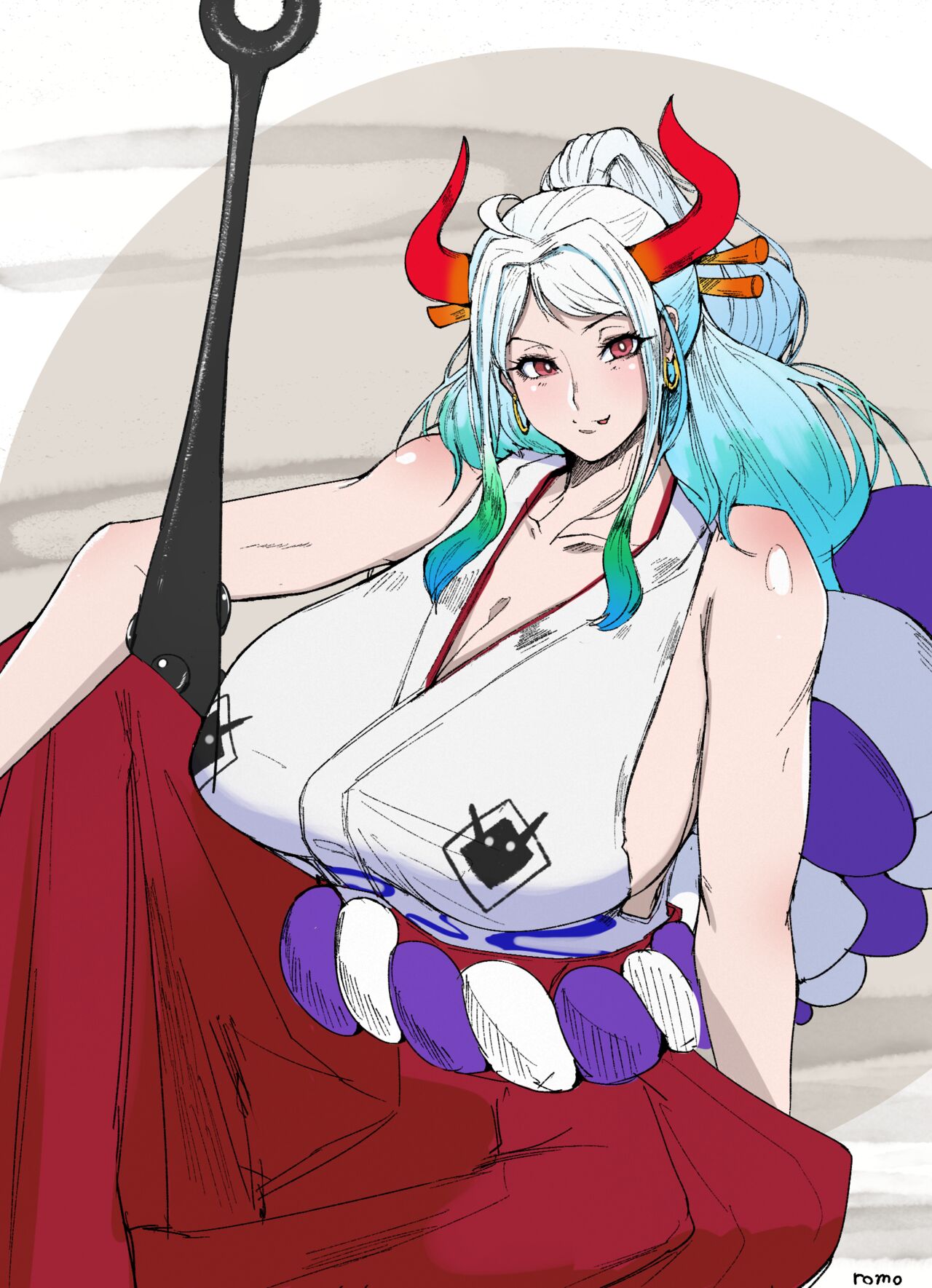 1girls, artist request, big breasts, breasts, cleavage, female, female only, hakama, horns, japanese clothes, long hair, one piece, sideboob, two-tone hair, white hair, white-haired female, yamato (one piece)