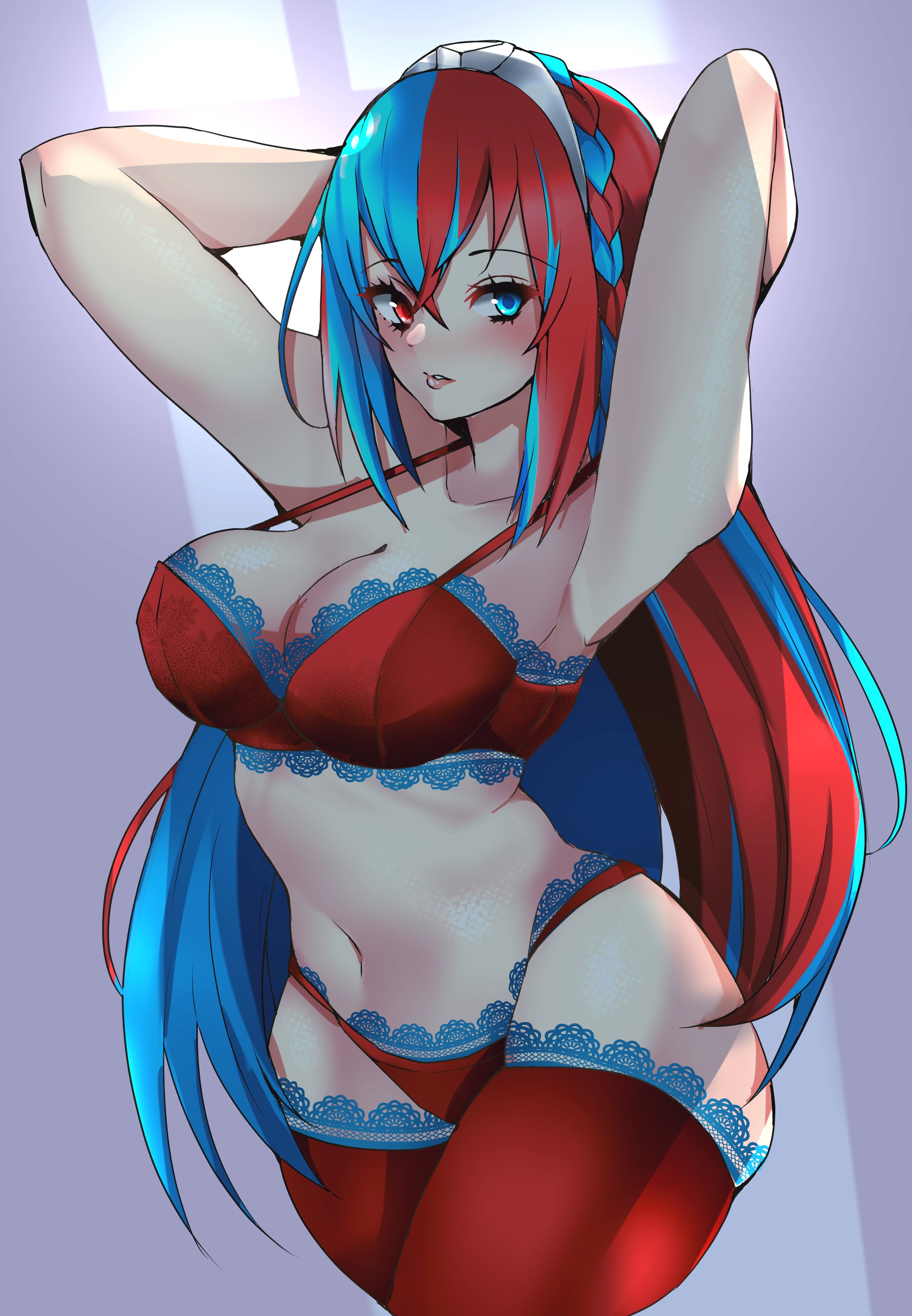 1340smile, 1girls, absurdres, alear (fire emblem), alear (fire emblem) (female), blue eyes, blue hair, blue panties, bra, braid, breasts, crossed bangs, crown braid, different eye color, emotionless, emotionless female, female, female only, fire emblem, fire emblem engage, heterochromia, highres, indifference, indifferent, lace, lace trim, lace-trimmed bra, lace-trimmed panties, lace-trimmed thighhighs, large breasts, lingerie, long hair, looking at viewer, multicolored hair, navel, nintendo, oblivious, oblivious sexualization, panties, red bra, red eyes, red hair, red panties, solo, split-color hair, thighhighs, tiara, two-tone hair, unaware, unbothered, uncaring, underwear, wholesome
