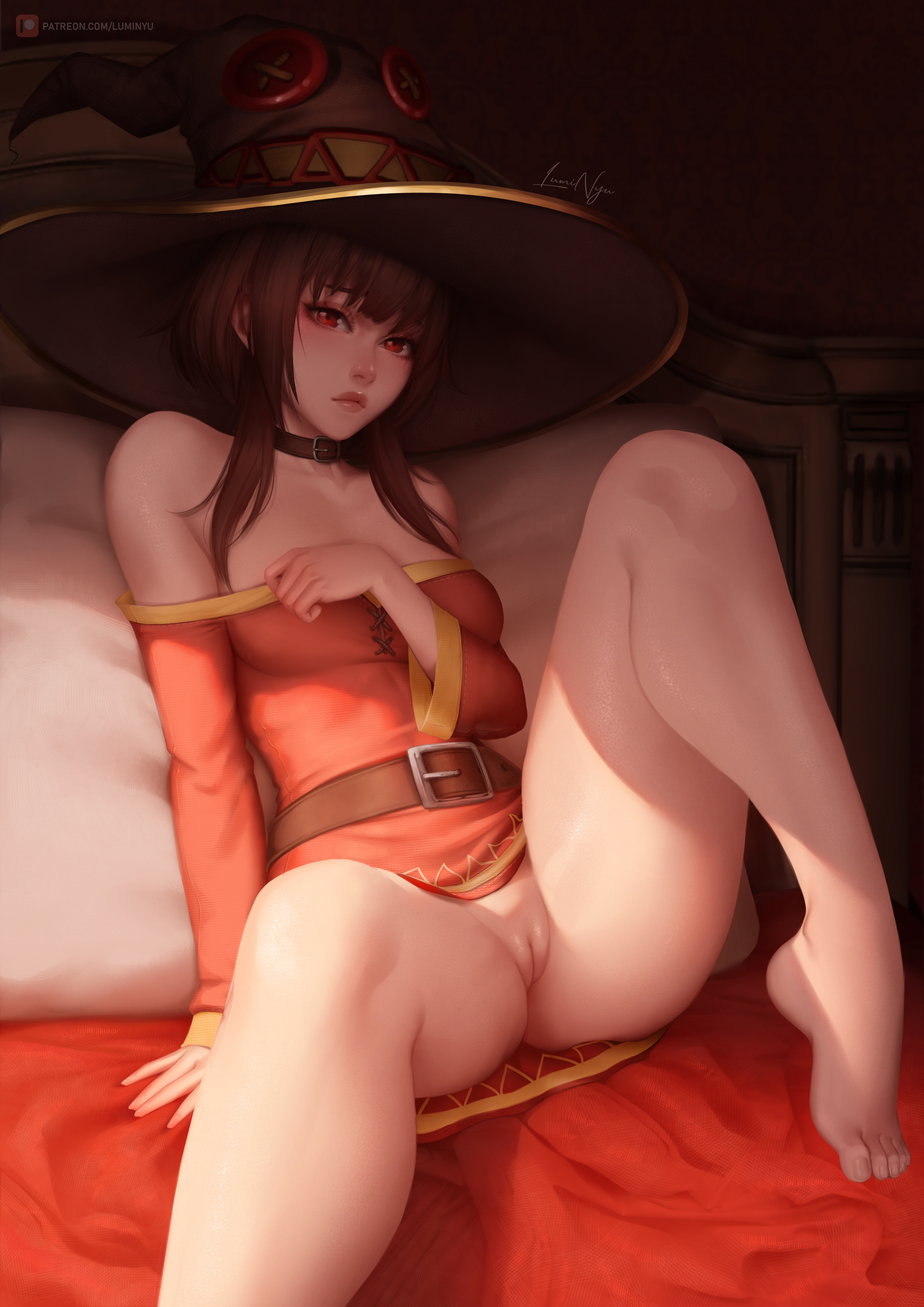 1girls, absurd res, absurdres, bangs, bare legs, bare shoulders, barefoot, bed, bedroom, bedroom setting, big hat, bottomless, bottomless female, breasts, brown hair, brunette, clothed, clothing, cute face, dress, feet, female, female focus, female only, genitals, hairless pussy, hat, high resolution, highres, kono subarashii sekai ni shukufuku wo!, large filesize, legs, light skin, light-skinned female, looking at viewer, luminyu, mage, magic user, magical girl, medium breasts, megumin, no panties, no underwear, pussy, red clothes, red clothing, red dress, shaved pussy, solo, solo female, solo focus, thick thighs, thighs, vagina, very high resolution, witch hat, wizard hat