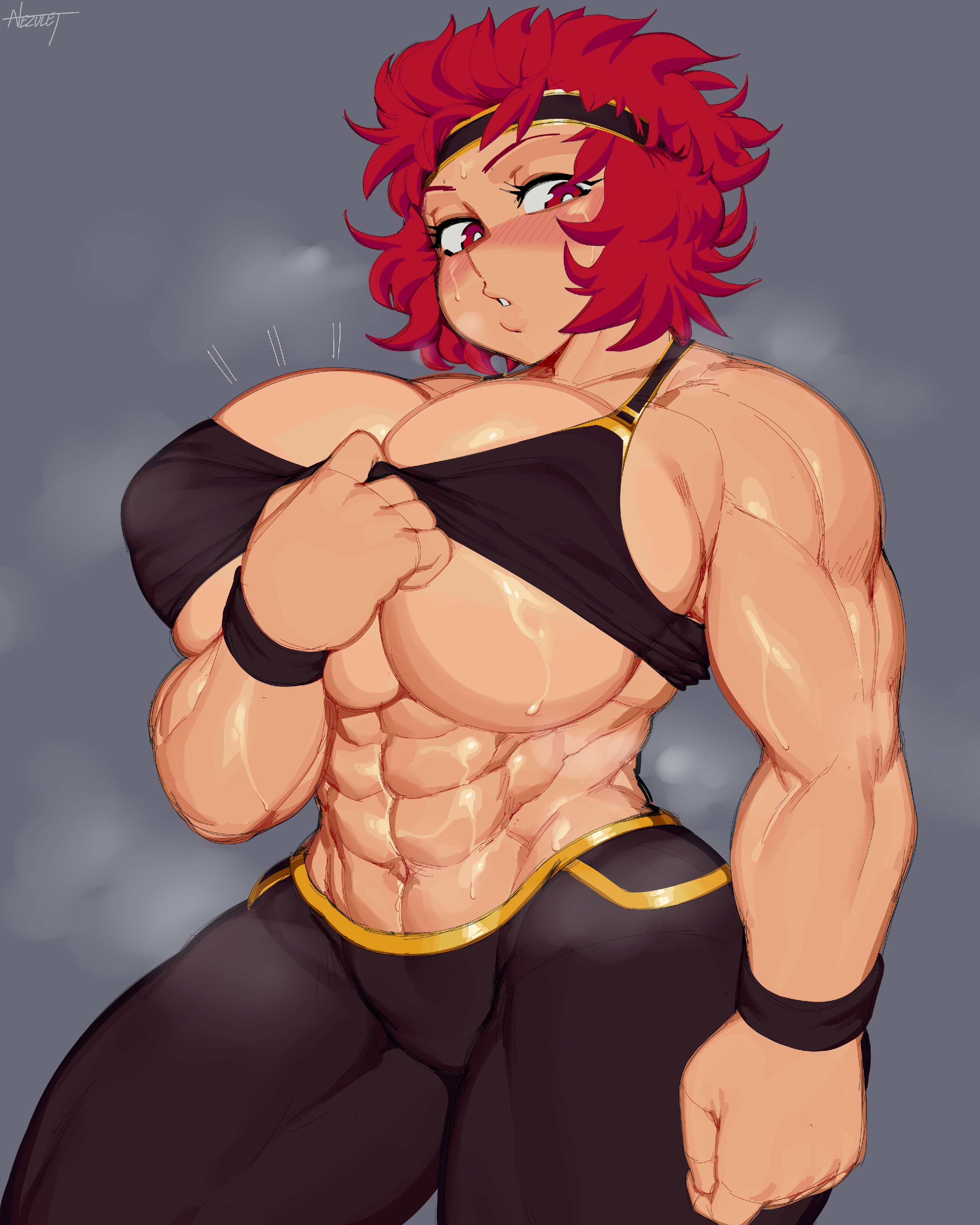 1girls, abs, absurd res, blush, breasts, female, female only, hi res, large breasts, looking at viewer, muscular, muscular female, nezulet, original, red eyes, red hair, solo