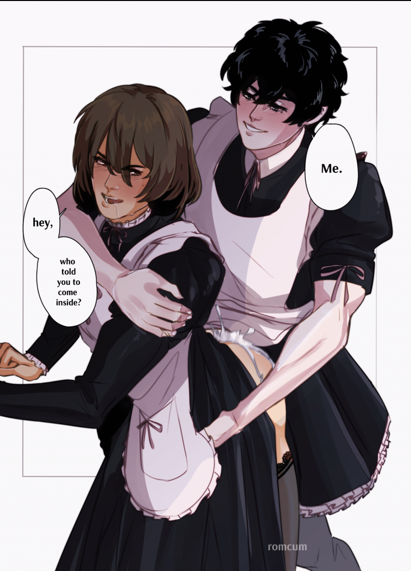 akira kurusu, anal, anal sex, crossdressing, goro akechi, maid uniform, male, male only, male/male, persona, persona 5, ren amamiya, yaoi