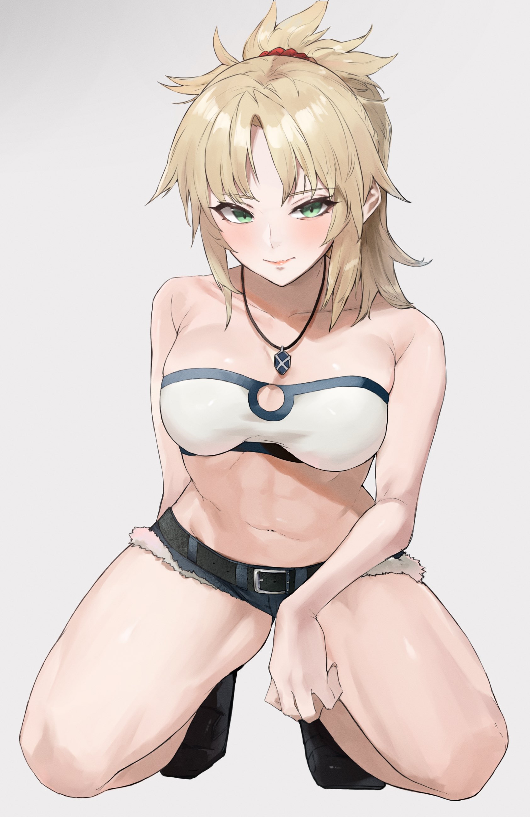 1girls, 2022, alternate version available, blonde hair, blush, booty shorts, breasts, clothed, clothed female, embarrassed, fate (series), fate/apocrypha, fate/grand order, female, female only, green eyes, hi res, hips, jean shorts, kataku musou, kneeling, long hair, looking at viewer, medium breasts, midriff, mordred (fate), necklace, ponytail, short shorts, shorts, simple background, slim waist, tank top, thick thighs, thighs, tubetop, wide hips