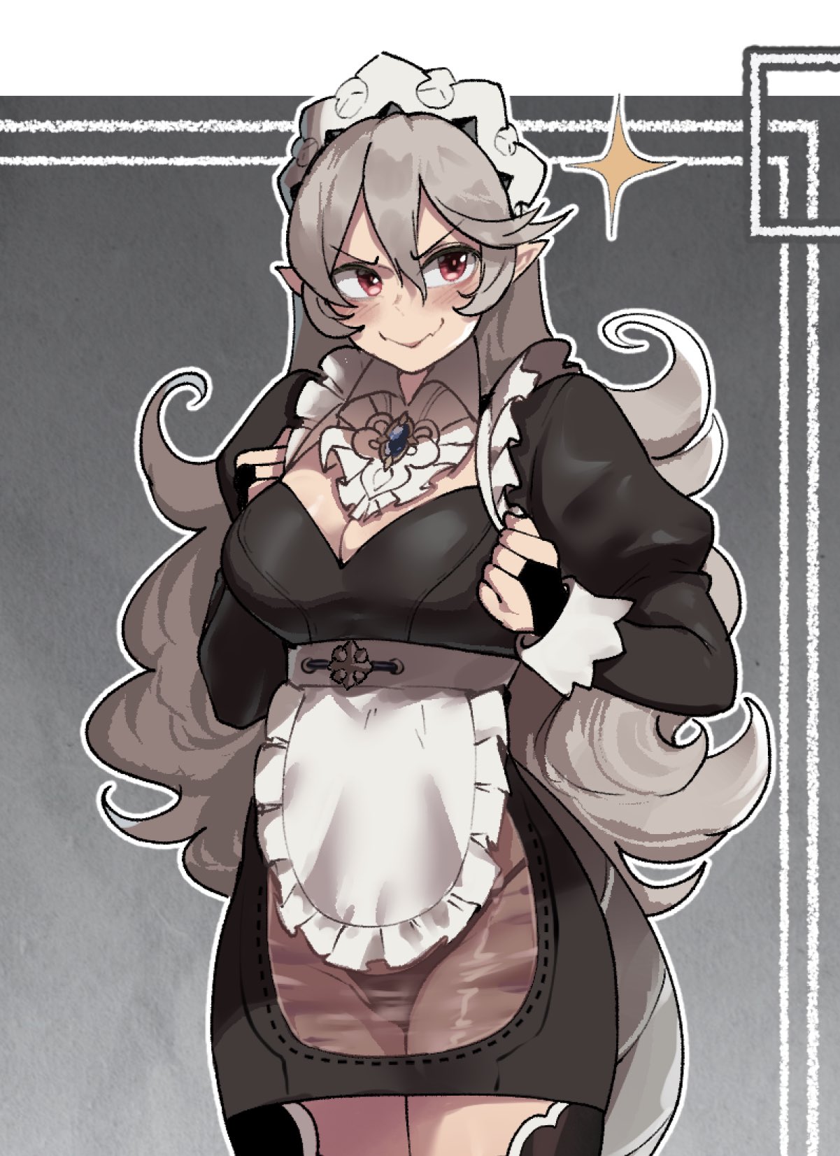 1girls, alternate costume, apron, bare thighs, black panties, black underwear, breasts, cleavage, corrin (fire emblem), corrin (fire emblem) (female), female, female only, fire emblem, fire emblem fates, fully clothed, hairband, highres, inner thighs, large breasts, long hair, maid, maid apron, maid headdress, nintendo, panties, pointy ears, red eyes, see-through, smile, solo, thiccwithaq, thick thighs, thighhighs, thighs, thong, underwear, very long hair, wavy hair, white hair