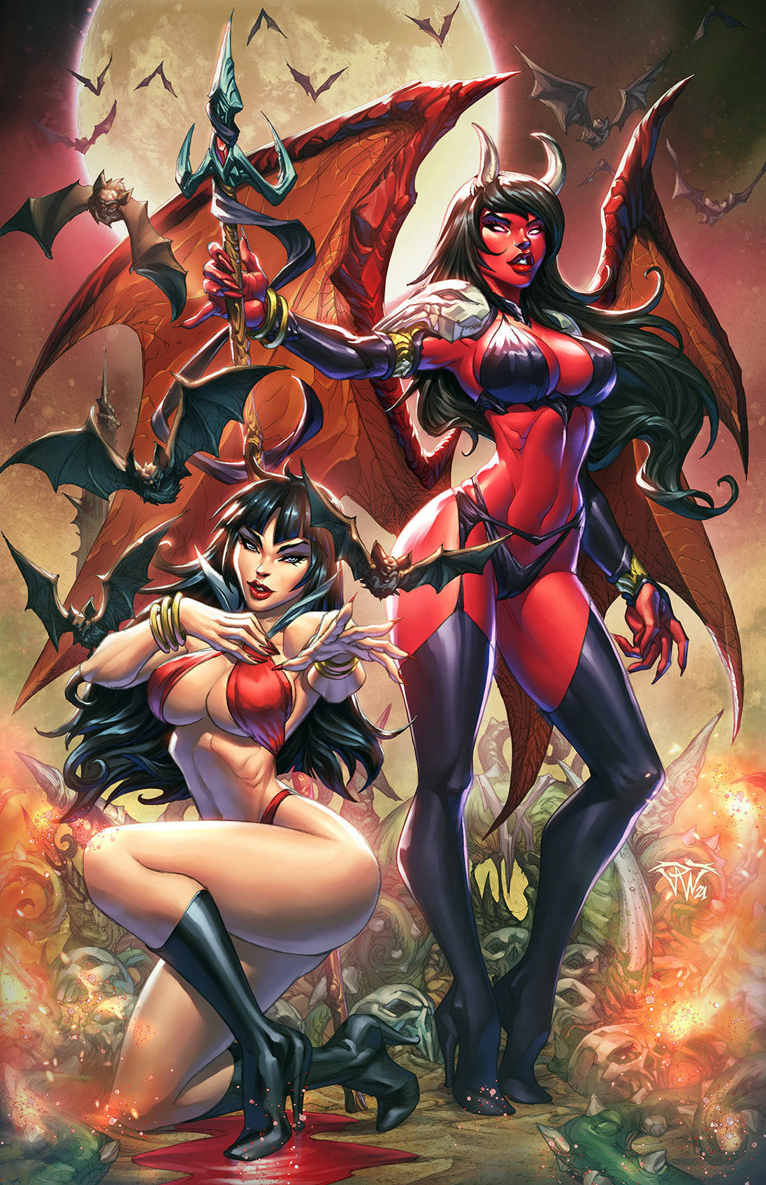 2girls, big breasts, black hair, breasts, curvaceous, curvy body, curvy female, curvy figure, demon, demon girl, demon horns, demon tail, demon wings, dynamite comics, female, female only, latex bra, latex thighhigh boots, latex thong, long hair, multiple females, multiple girls, purgatori, red skin, tagme, unknown artist, vampirella, vampirella (series), voluptuous, voluptuous female