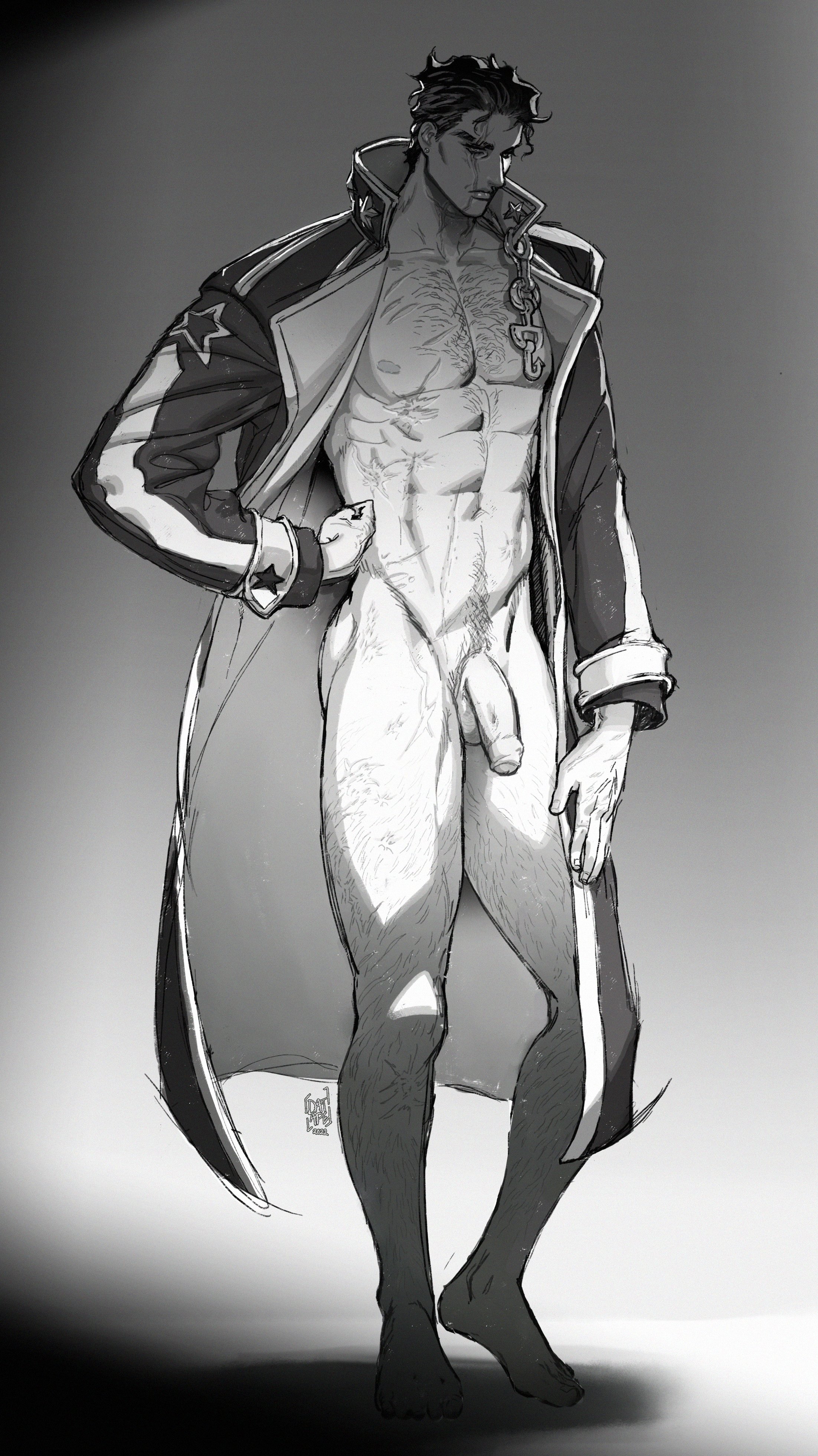 1boy, abs, body hair, datape1, dilf, facial scar, foreskin, genital, greyscale, hairy, hairy chest, happy trail, jacket only, jojo's bizarre adventure, jotaro kujo, male, male only, monochrome, muscular, muscular male, penis, scar, solo, solo focus, solo male, standing, stone ocean, uncircumcised