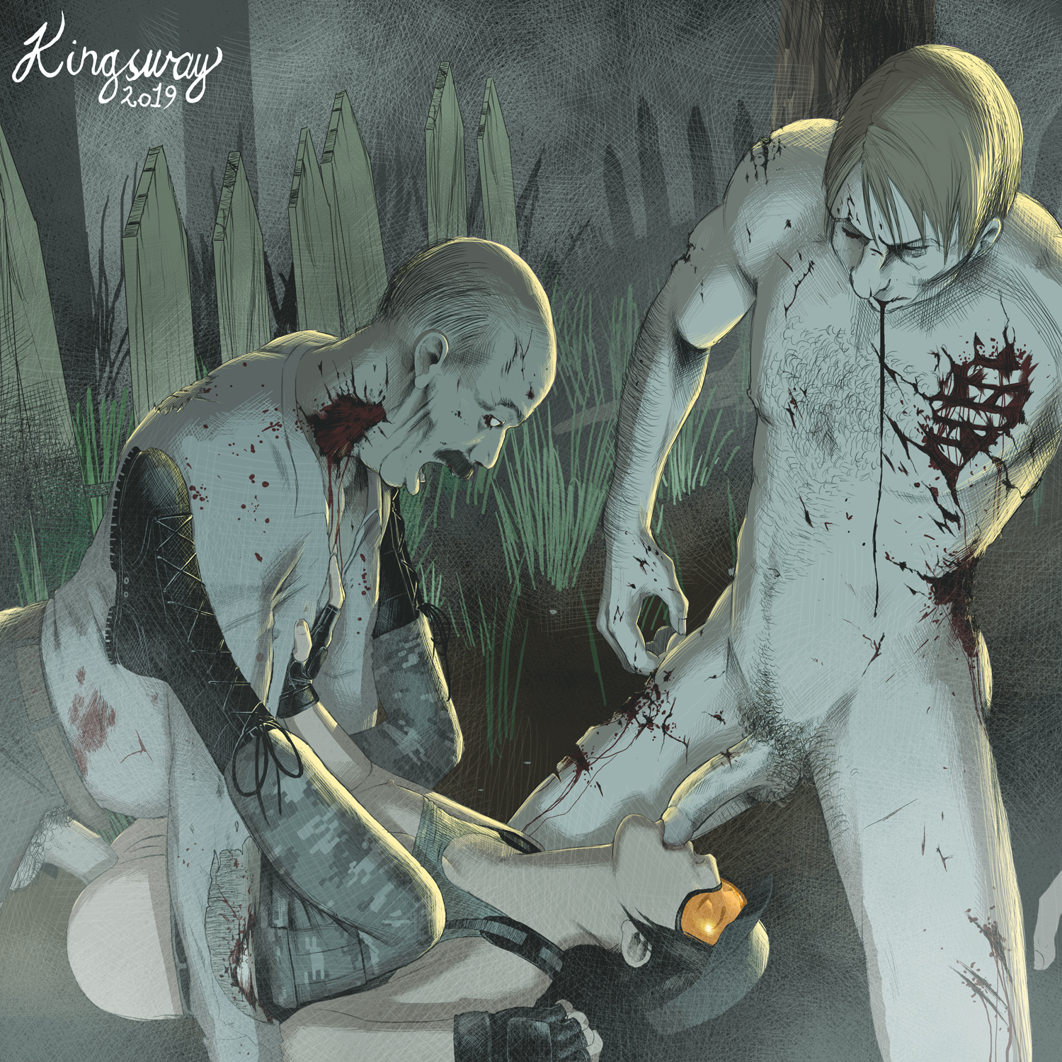1girls, 2019, 2boys, 2monsters, anal, anal penetration, anal sex, areolae, artist name, biohazard, blood, blowjob, bone, boots, breasts, breasts out, camo print, camouflage, camouflage pants, cap, capcom, empty eyes, fellatio, female, fence, fingerless gloves, gloves, glowing eyes, goggles, grass, grey skin, hairy, hairy male, hand on chest, headgear, interspecies, jill valentine, kingsway, legs up, light skin, light-skinned female, lying on back, male, male/female, mmf threesome, monster, monster on female, moustache, nipples, on floor, oral, oral sex, pants, pants down, penetration, penis, penis out, pubic hair, resident evil, resident evil remake, sex, spitroast, tagme, tank top, tanktop, threesome, undead, zombie