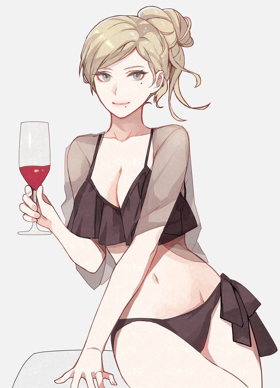 1girls alcohol arm_support bikini black_bikini black_swimsuit blonde_hair blue_eyes breasts hair_bun holding_wine_glass kantai_collection kasumi_(skchkko) leaning looking_at_viewer medium_breasts mole_under_eye mole_under_mouth navel painted_fingernails richelieu_(kantai_collection) side-tie_bikini swimsuit wine wine_glass