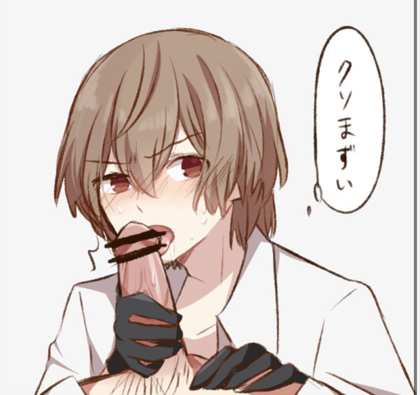akira kurusu, blowjob, brown hair, gloves, goro akechi, male, male only, male/male, persona, persona 5, red eyes, ren amamiya, yaoi