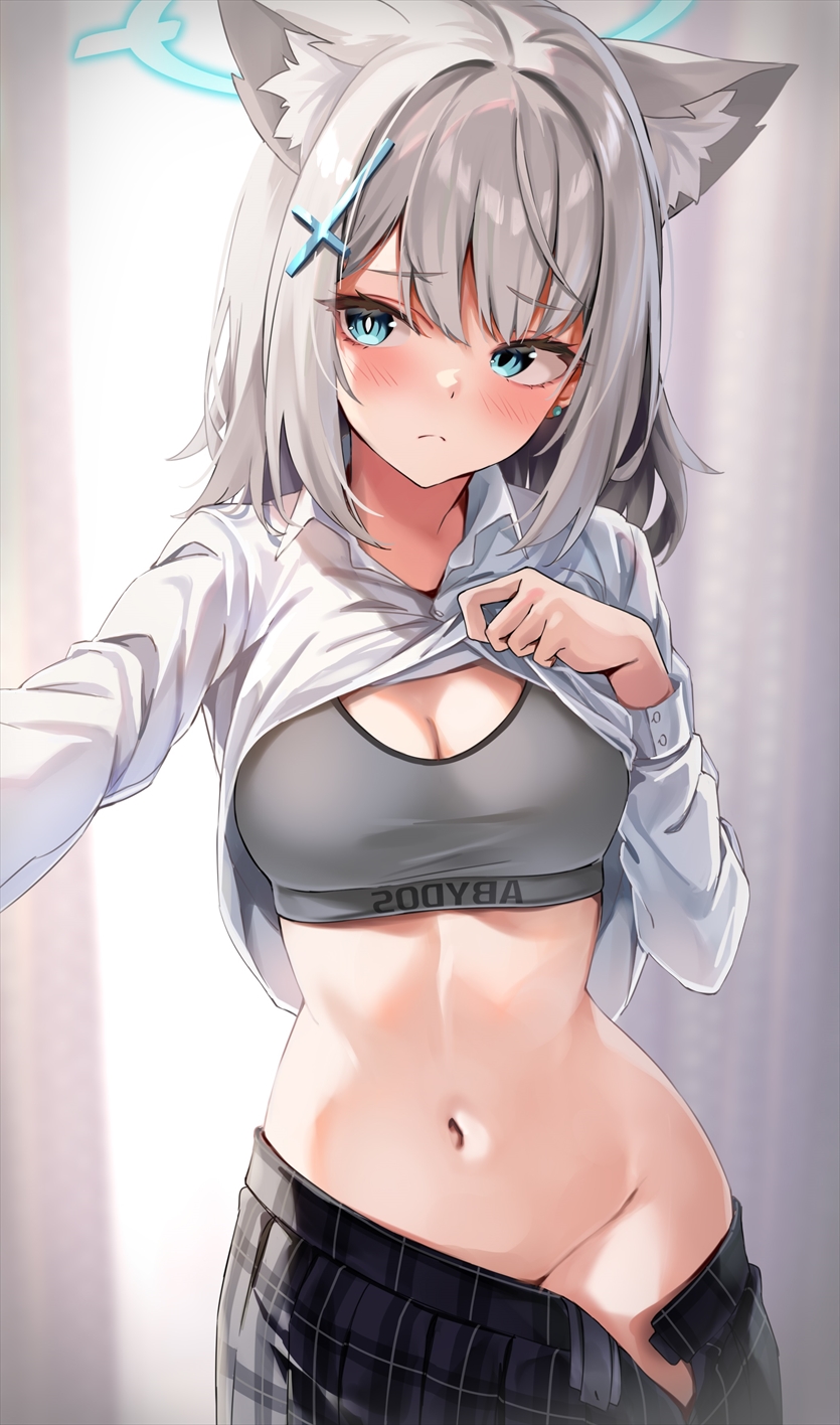 1girls, abydos high school student, animal ears, blue archive, blue eyes, blush, bra, breasts, cleavage, female, female only, flashing, foreclosure task force (blue archive), grey hair, groin, lifting shirt, marisasu (marisa0904), navel, no panties, school uniform, schoolgirl, selfie, shiroko (blue archive), shirt lift, skirt, skirt pull, sports bra, stomach, teasing, thin waist, waist, wolf ears