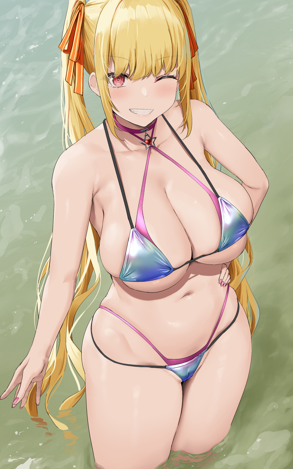 1girls, 2022, bikini, blonde hair, breasts, cleavage, female, female only, hand on hip, hips, huge breasts, light skin, light-skinned female, long hair, oekakizuki, original, original character, outdoors, red eyes, slim waist, smile, thick thighs, thighs, twintails, wide hips, wink