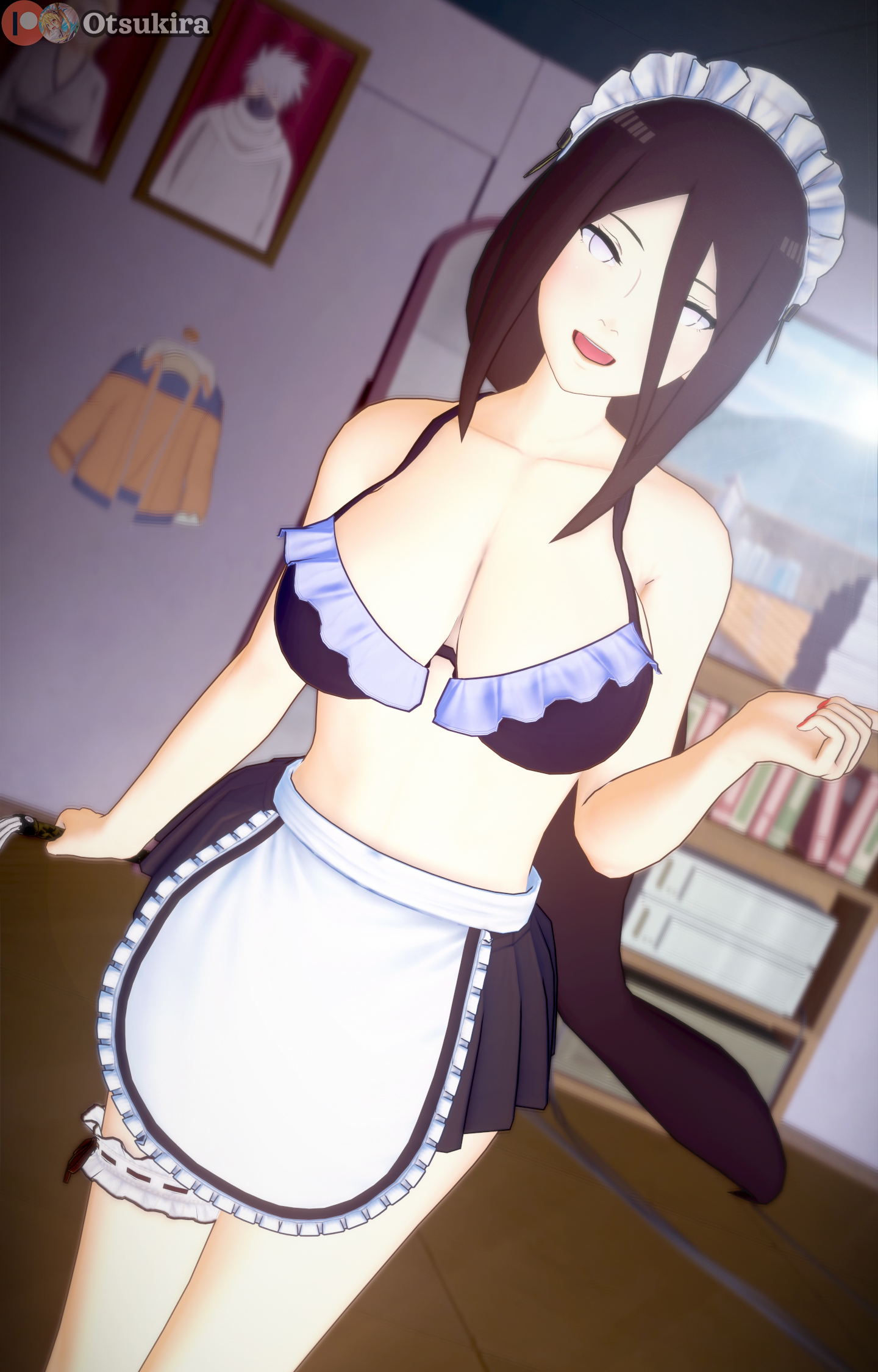 1girls, adapted costume, apron, big breasts, boruto: naruto next generations, bra, breasts, brown hair, cleavage, female, female only, headdress, hokage office, hyuuga hanabi, indoors, koikatsu, lavender eyes, legs together, long hair, looking at viewer, maid, maid apron, maid headdress, maid uniform, naruto, naruto (series), open mouth, open smile, otsukira, ponytail, revealing clothes, skirt, solo, solo focus, tied hair
