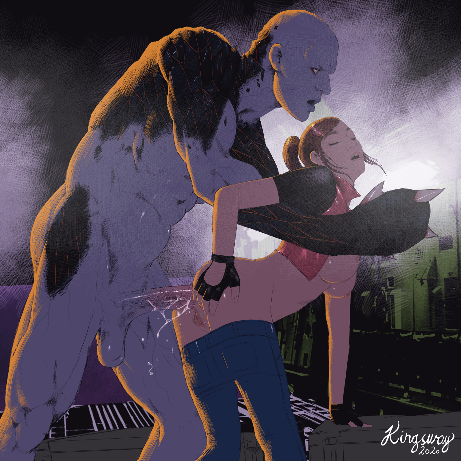 1boy, 1girls, 1monster, 2020, anal, anal juice, anal sex, areolae, artist name, balls, biohazard, breasts, breasts out, brown hair, capcom, claire redfield, closed eyes, empty eyes, exposed breasts, female, fingerless gloves, gloves, grey skin, hand on own ass, huge cock, interspecies, kingsway, light skin, light-skinned female, long hair, looking pleasured, male, male/female, medium breasts, monster, monster on female, mr x, nipples, nude, nude male, open mouth, outdoors, pants, pants down, penis, penis out, pleasure face, ponytail, pussy, resident evil, resident evil 2, shirt, shirt up, standing doggy style, tagme, testicles, tyrant