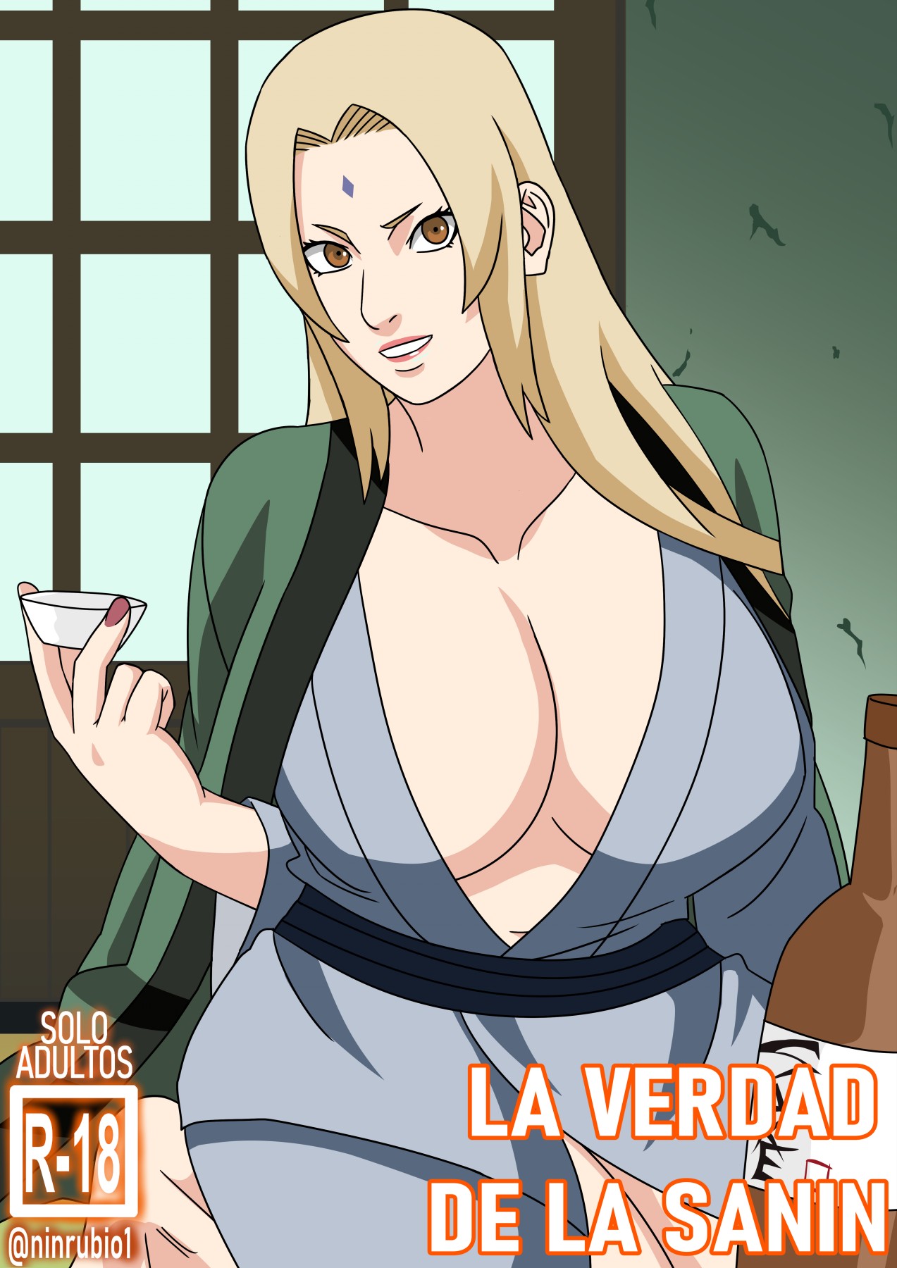 1girls, alcohol, alternate costume, alternate hairstyle, bare legs, barefoot, barely clothed, big breasts, blonde hair, bottomless, bottomless female, breasts, brown eyes, busty, center opening, cleavage, comic cover, commentary, cover, cup, drink, facial mark, feet, female, female only, fingernails, forehead mark, gilf, hair down, haori, holding object, hourglass figure, indoors, japanese clothes, kimono, knees together feet apart, large breasts, legs together, long hair, long sleeves, loose hair, mature, mature female, milf, mostly nude, nail polish, naruto, naruto (series), naruto shippuden, naruto: the last, naughty, naughty face, naughty smile, ninrubio, no bra, on knees, partially clothed, pot, raised eyebrows, red nail polish, red nails, sagging breasts, sake, sake bottle, seductive, seductive eyes, seductive look, seductive mouth, seductive smile, solo, solo female, solo focus, spanish text, text, thick, top heavy, translation request, tsunade, voluptuous, wafuku, wide hips, wide sleeves, yukata