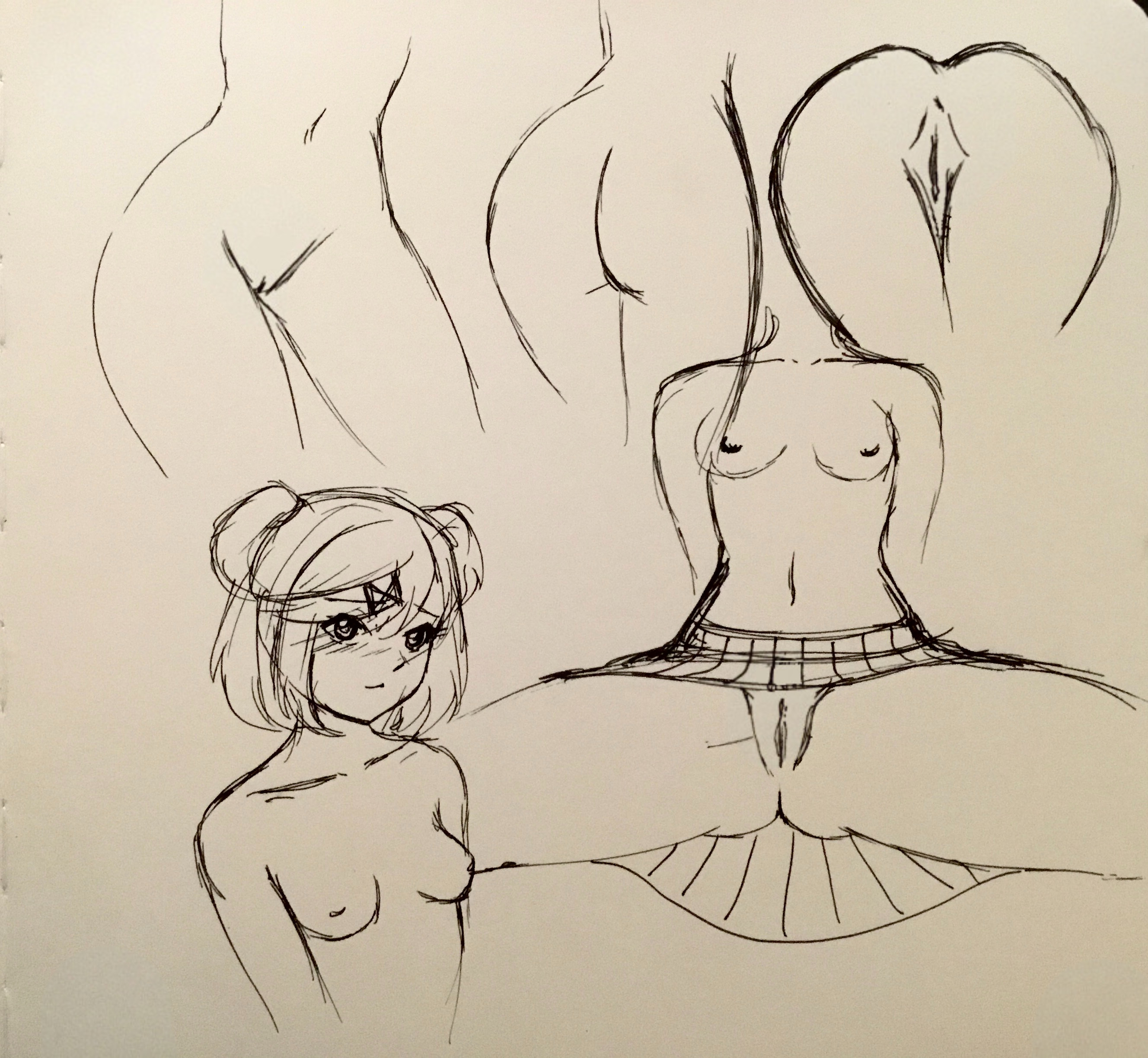 ass, asshole, breasts, dbagdraws, doki doki literature club, edit, female, fluffyearedfox, multiple poses, natsuki (doki doki literature club), pussy, sketch, skirt, tagme