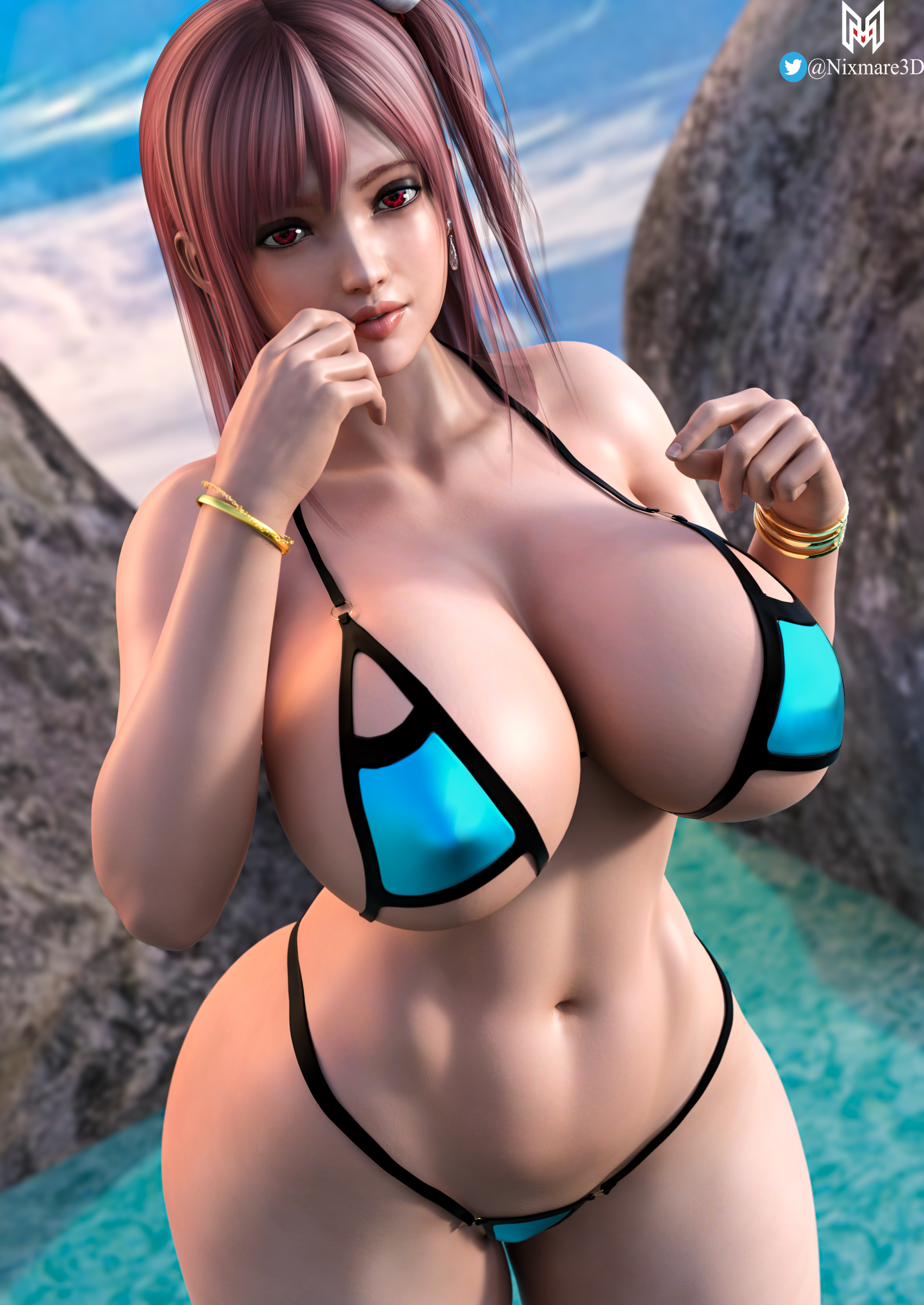 1girls, 3d, 3d (artwork), beach, bikini, bracelet, breasts, cleavage, curvaceous, curvy, curvy body, curvy female, curvy figure, curvy hips, dead or alive, dead or alive 5, female, female only, honoka (doa), large breasts, looking at viewer, micro bikini, navel, nixmare (artist), pink hair, pov, red eyes, solo, solo female, thick hips, thick legs, thick lips, thick thighs, thighs, voluptuous, wide hips