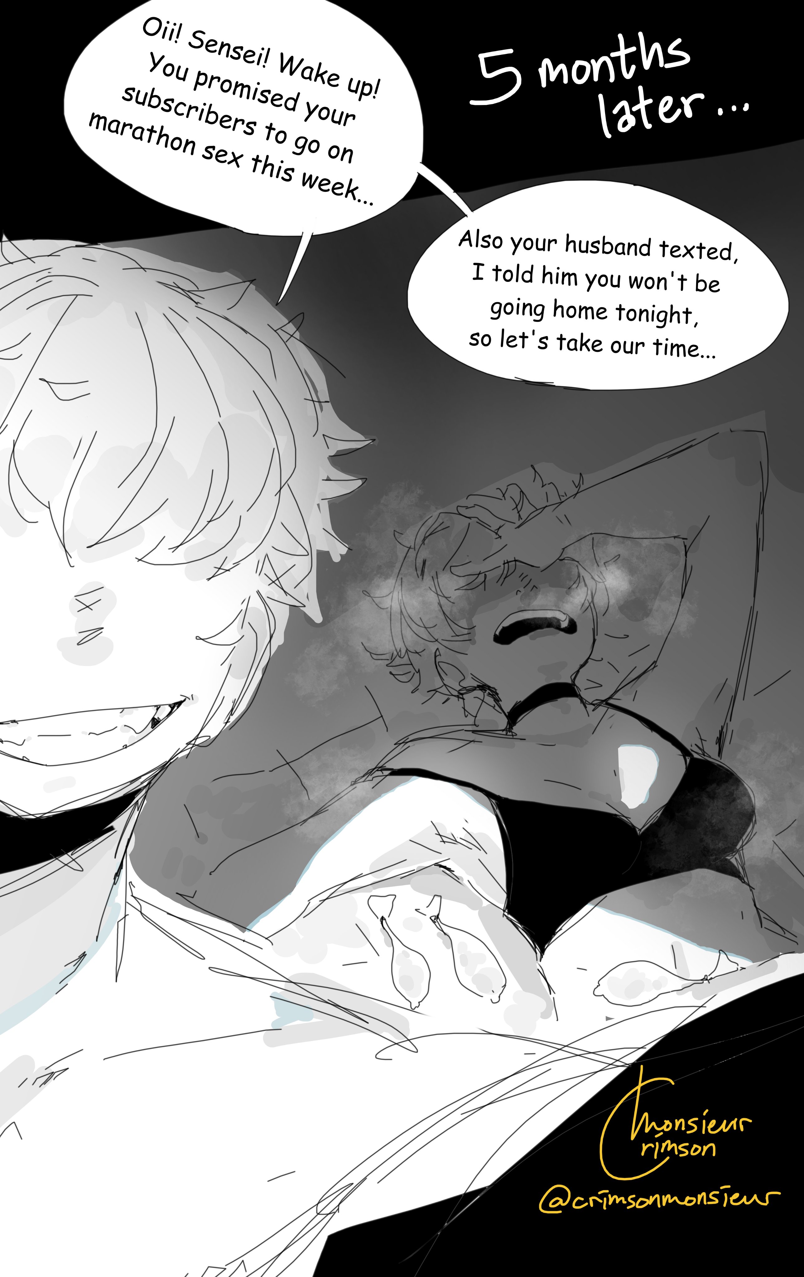 1girls, absurdres, after sex, artist name, covering eyes, english text, female, highres, monochrome, monsieur crimson, netorare, onlyfans, original, original character, teacher, teacher and student, used condom, wife