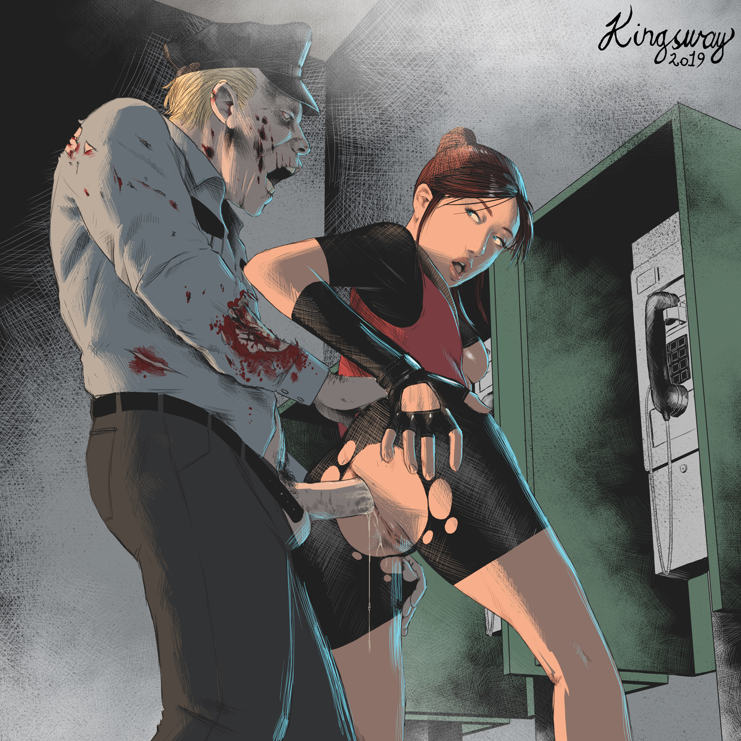 1boy, 1girls, 1monster, 2019, anal, anal sex, areolae, artist name, ass, bike shorts, biohazard, black shorts, blonde hair, blood, blue eyes, breasts, brown hair, capcom, claire redfield, clothed, clothed sex, clothing, cum, cum in ass, empty eyes, exposed ass, exposed breasts, exposed pussy, female, fingerless gloves, gloves, grey skin, hand on own ass, human, interspecies, jacket, kingsway, light skin, light-skinned female, long hair, looking at partner, male, medium breasts, monster, monster on female, nipples, open mouth, pants, penis, penis out, phone, police hat, police officer, police uniform, ponytail, pussy, resident evil, resident evil 2, ripped clothing, ripped pants, ripped shorts, shirt, shirt up, short hair, shorts, sideboob, simple background, spats, spats shorts, straight, tagme, teeth, telephone, undead, zombie