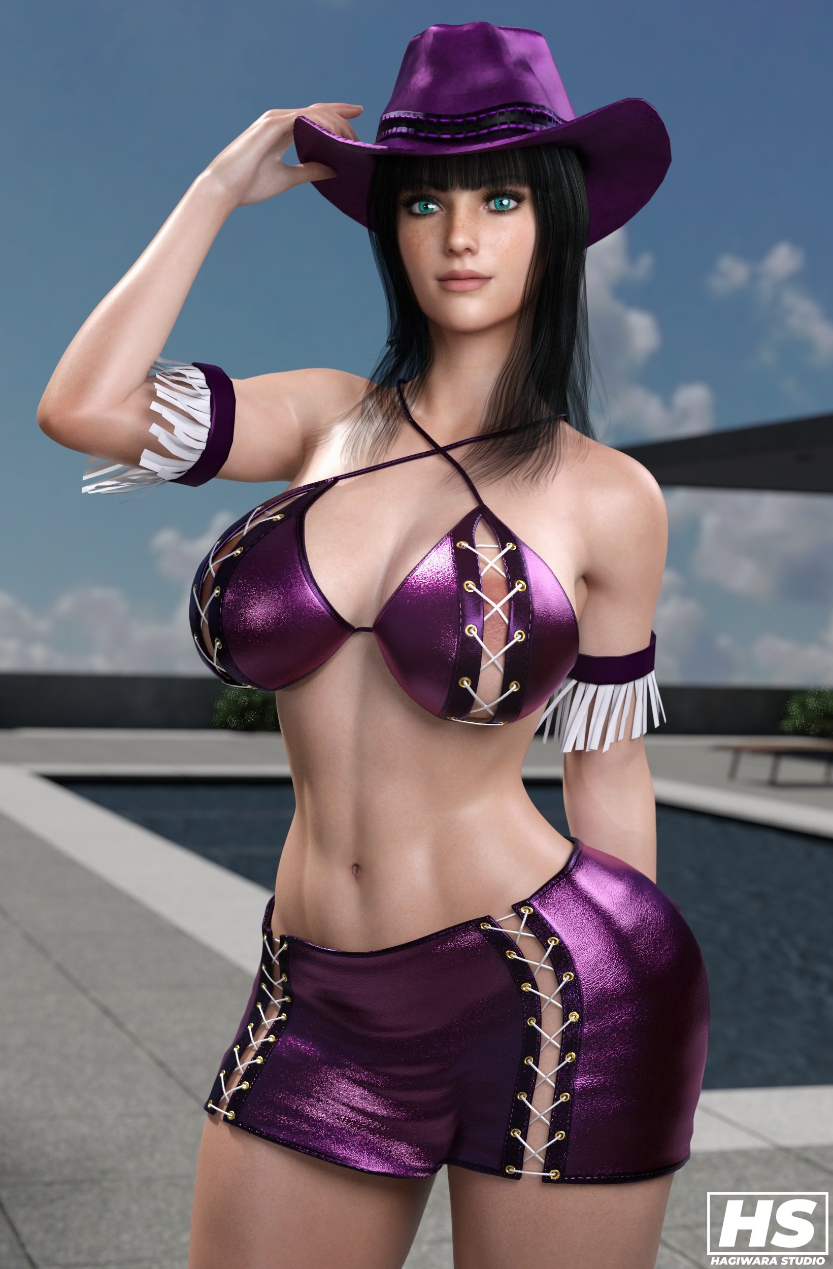 1girls, 3d, big breasts, black hair, blue eyes, breasts, cleavage, clothed, cowboy hat, female, female only, hagiwara studio, large breasts, lipstick, looking at viewer, miss all sunday, nico robin, one piece, solo